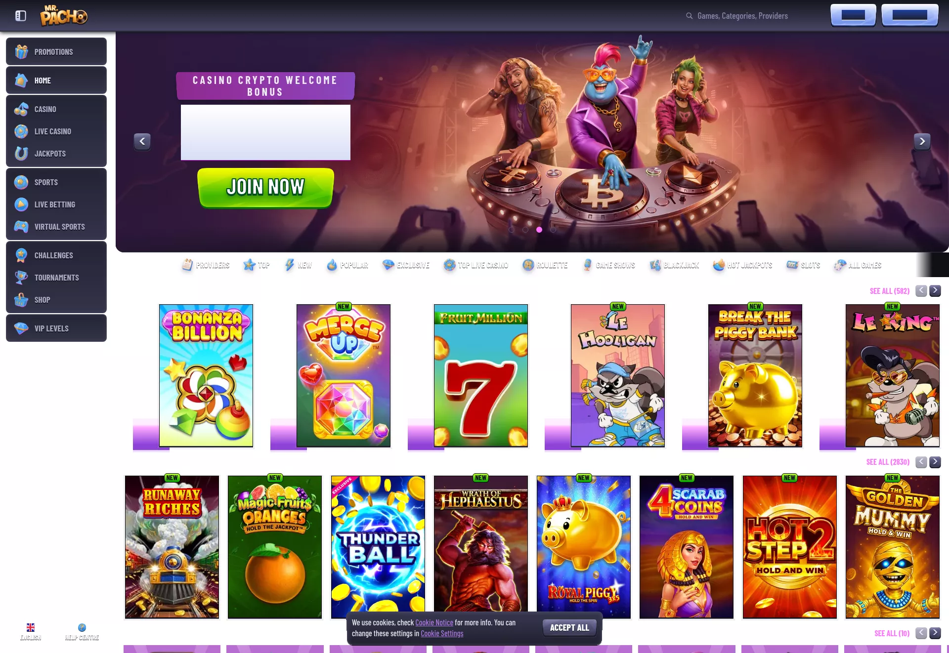 Desktop screen. Mr.Pacho Casino 100% up to $500 + 200 FS
