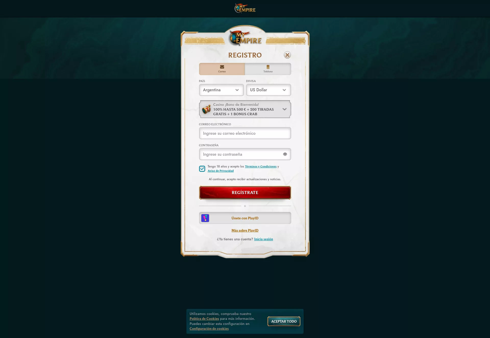 Desktop screen. MyEmpire 100% up to $500 + 200 FS + 1 Bonus Crab
