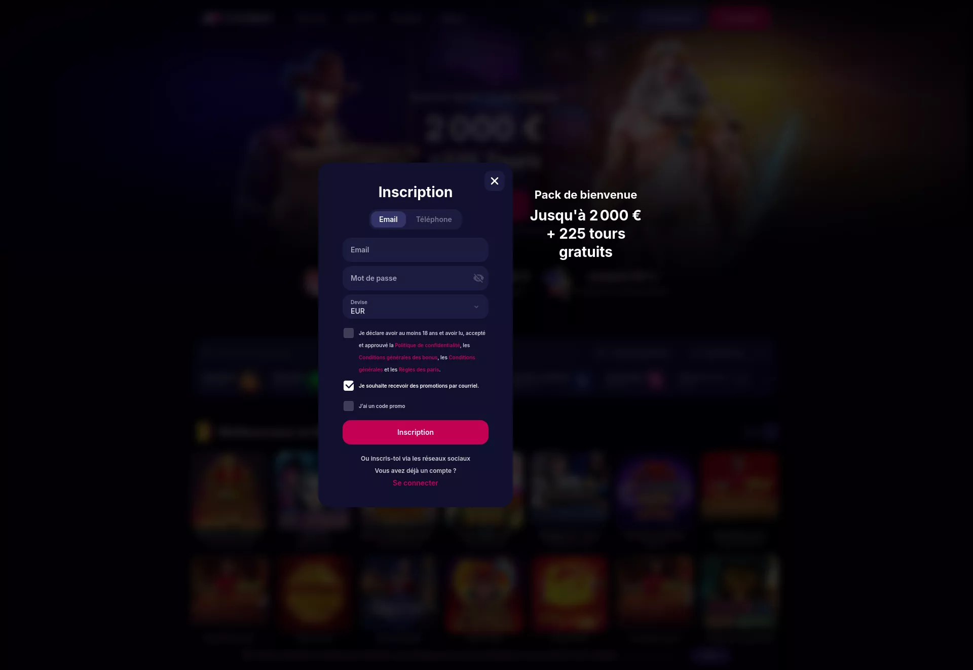 Desktop screen. NV Casino Up to €2000 + 225 FS