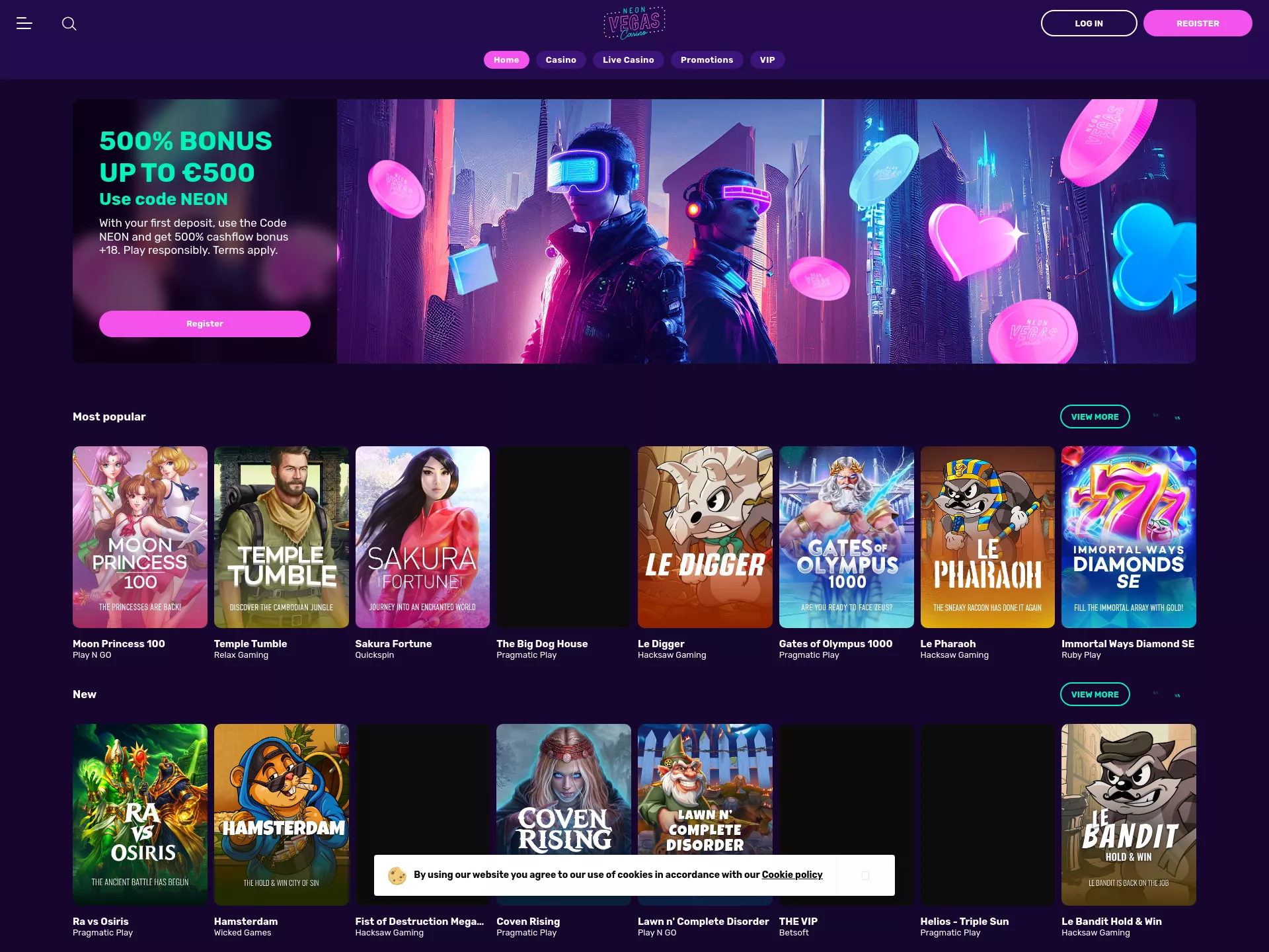 Desktop screen. Neon Vegas 100% up to C$200
