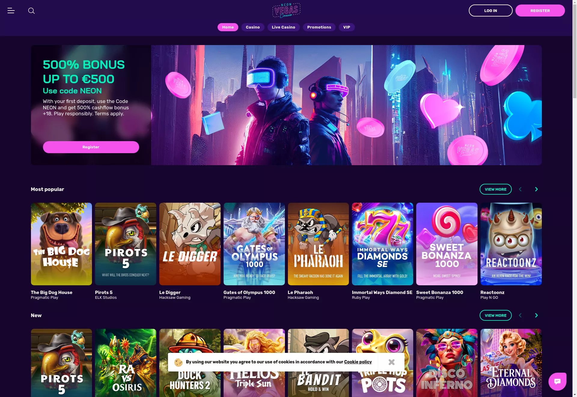 Desktop screen. Neon Vegas 100% up to kr5000 + 200 FS