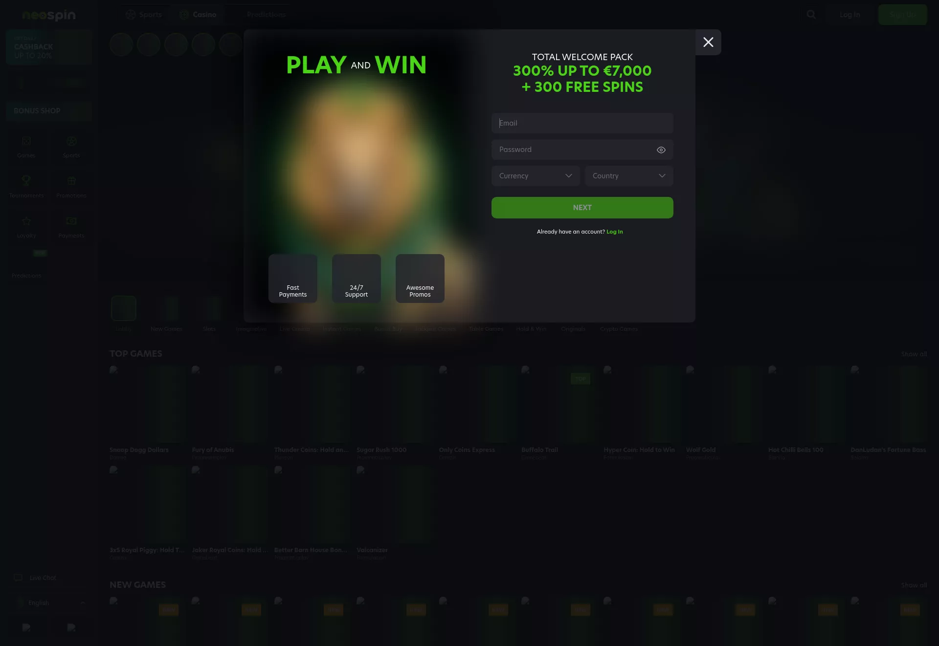 Desktop screen. Neospin Casino 100% up to $7000 + 100 FS