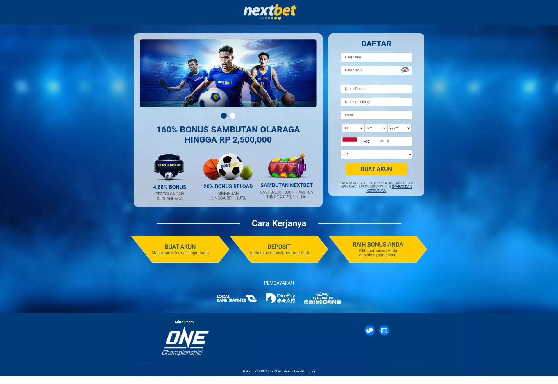 Desktop screen. NextBet 110% up to Rp2,000,000