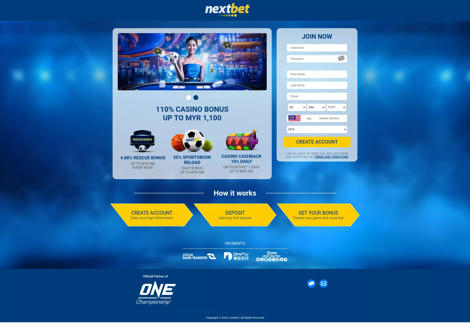 Desktop screen. NextBet 110% up to RM1100