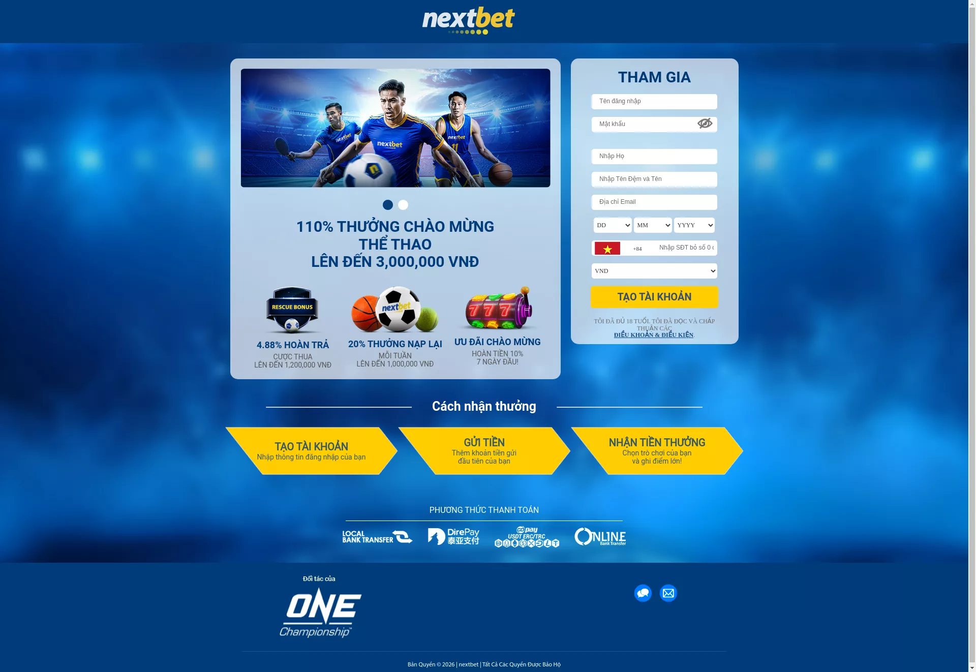 Desktop screen. NextBet 110% up to ₫3,000,000
