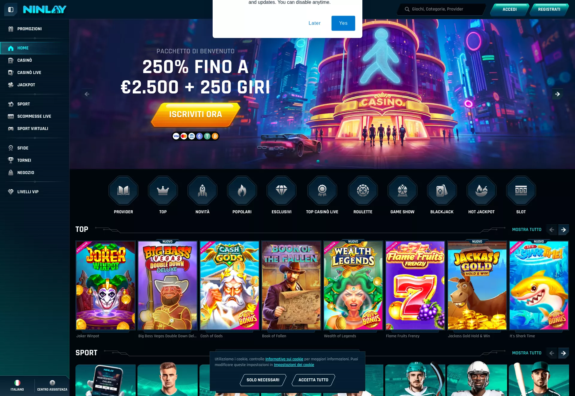 Desktop screen. Ninlay Casino 250% up to $2500 + 250 FS + 1 Bonus Crab