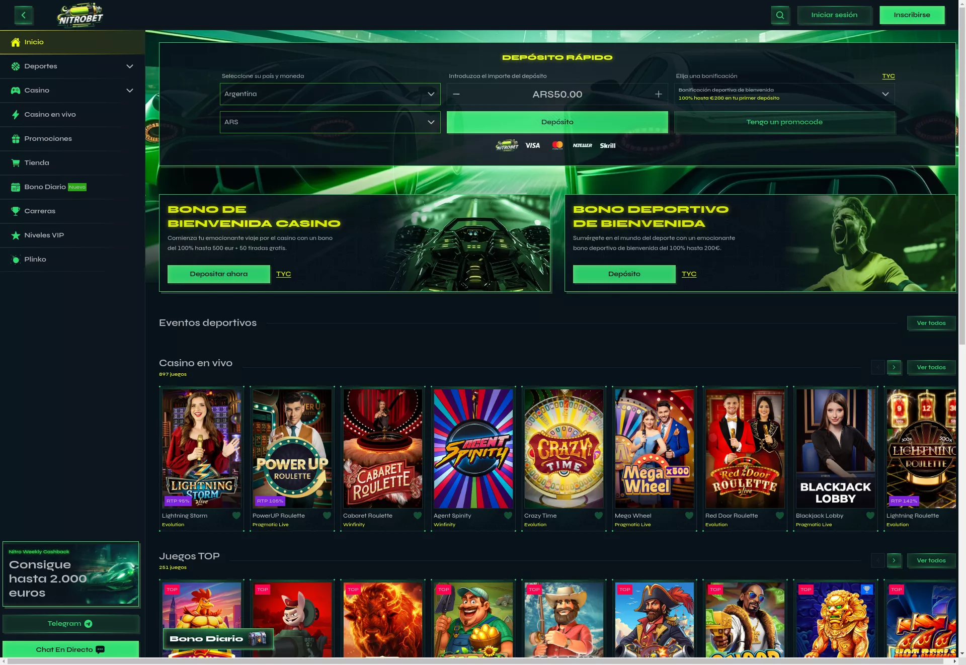 Desktop screen. Nitrobet 25% cashback up to $2000