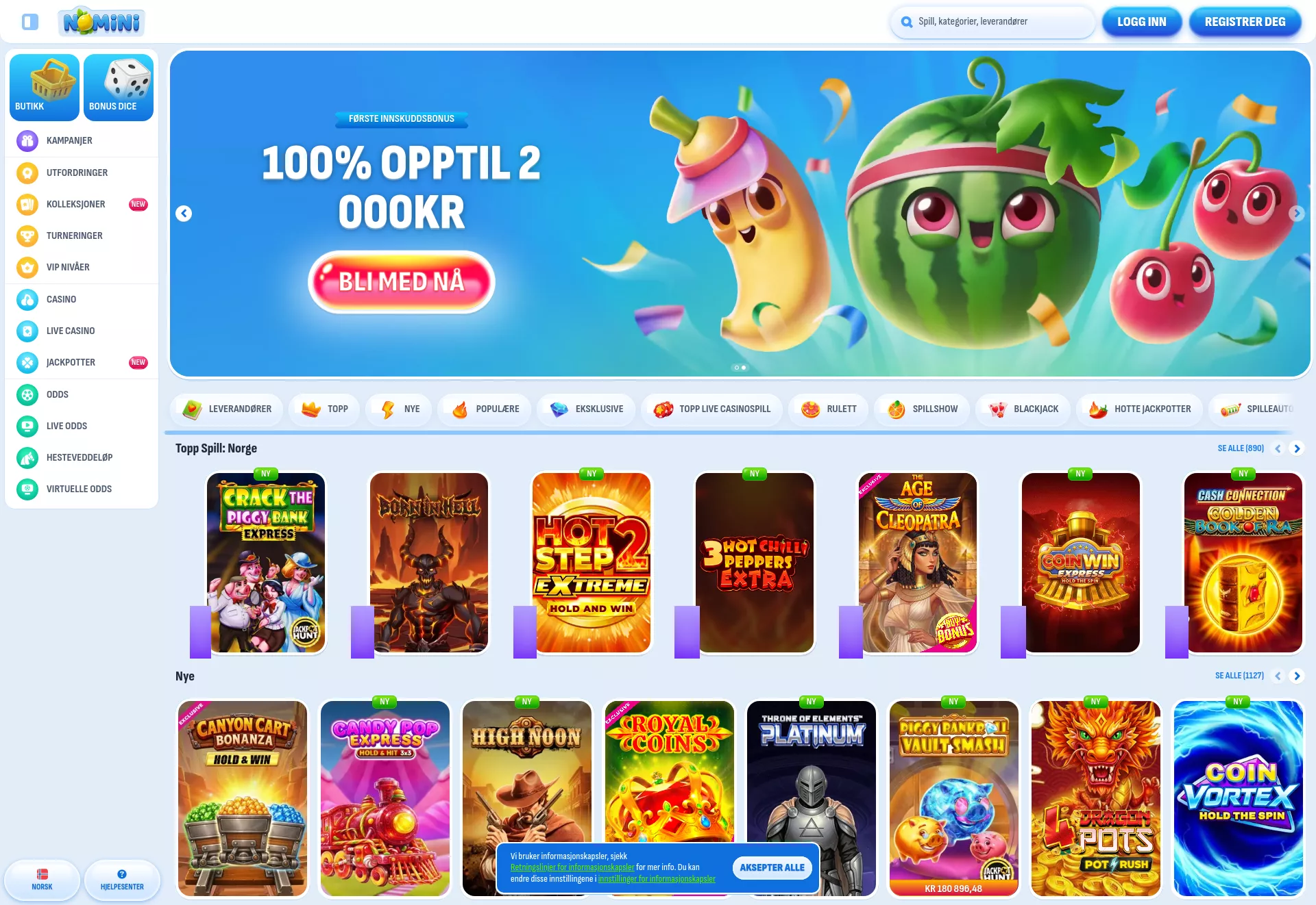Desktop screen. Nomini 100% up to kr5000 + 200 FS + 1 Bonus Crab