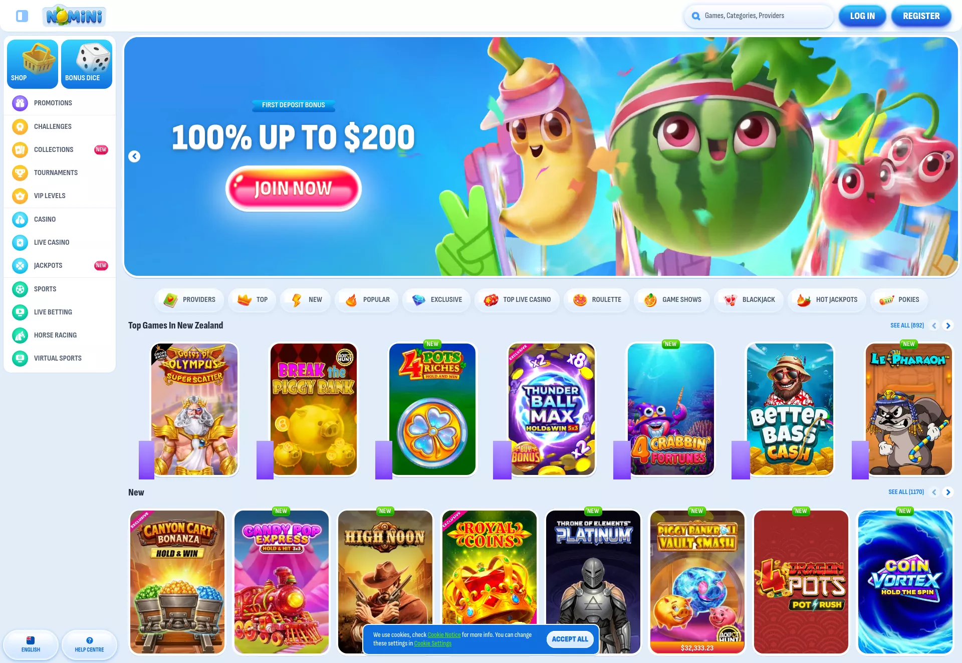 Desktop screen. Nomini 100% up to NZ$1000 + 200 FS + 1 Bonus Crab