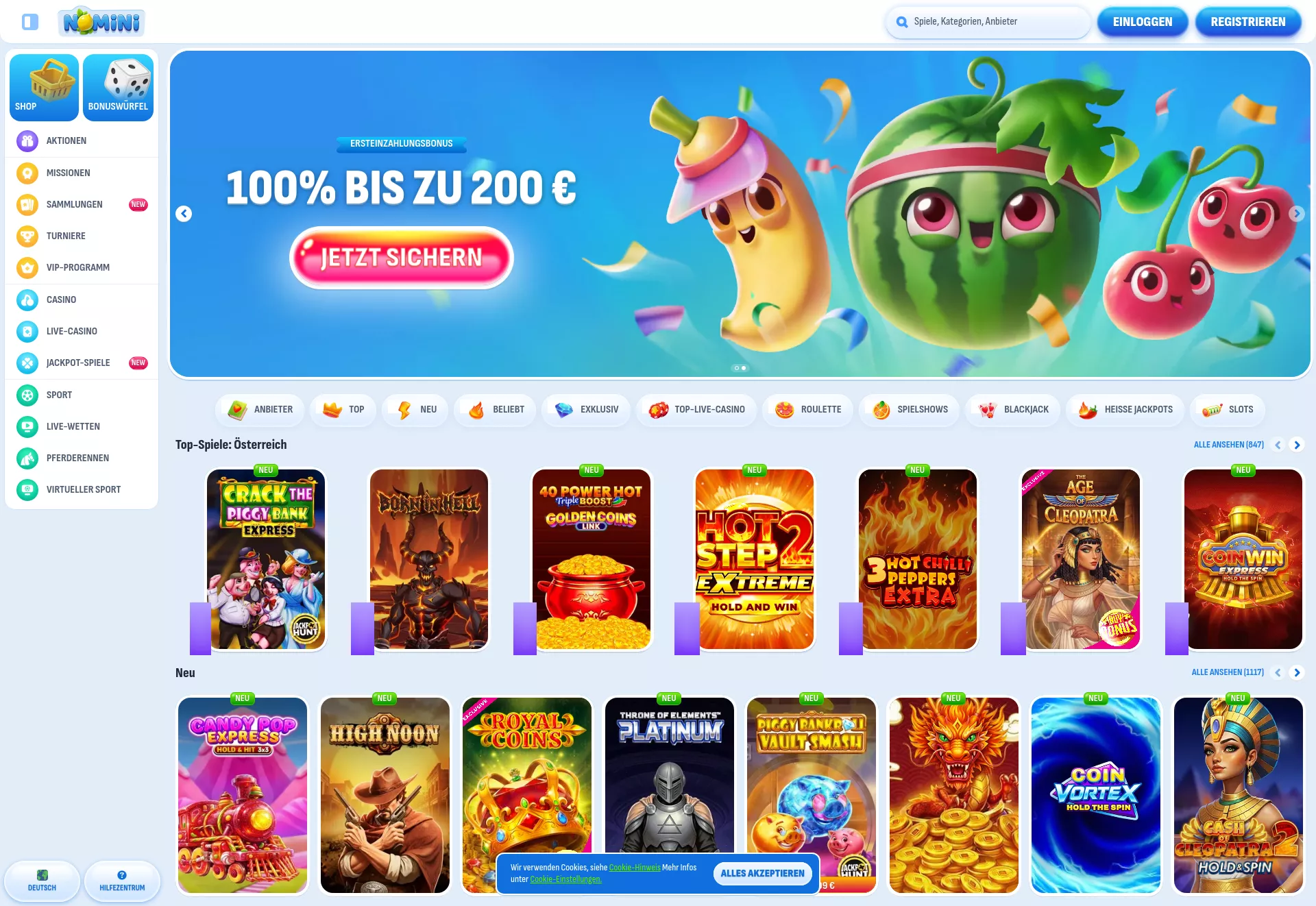 Desktop screen. Nomini 100% bis zu €500 + 200 FS + 1 Bonus Crab