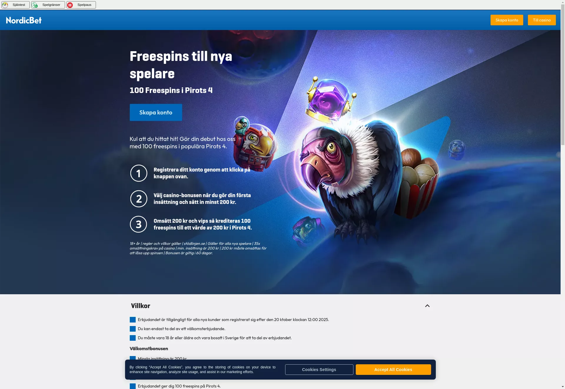 Desktop screen. Nordicbet Upp til 100 FS