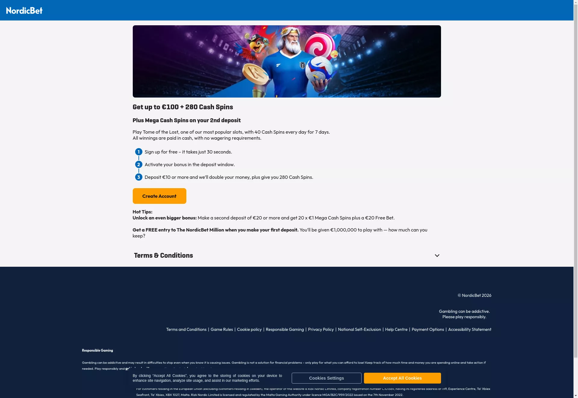 Desktop screen. Nordicbet Up to $100 + 300 FS