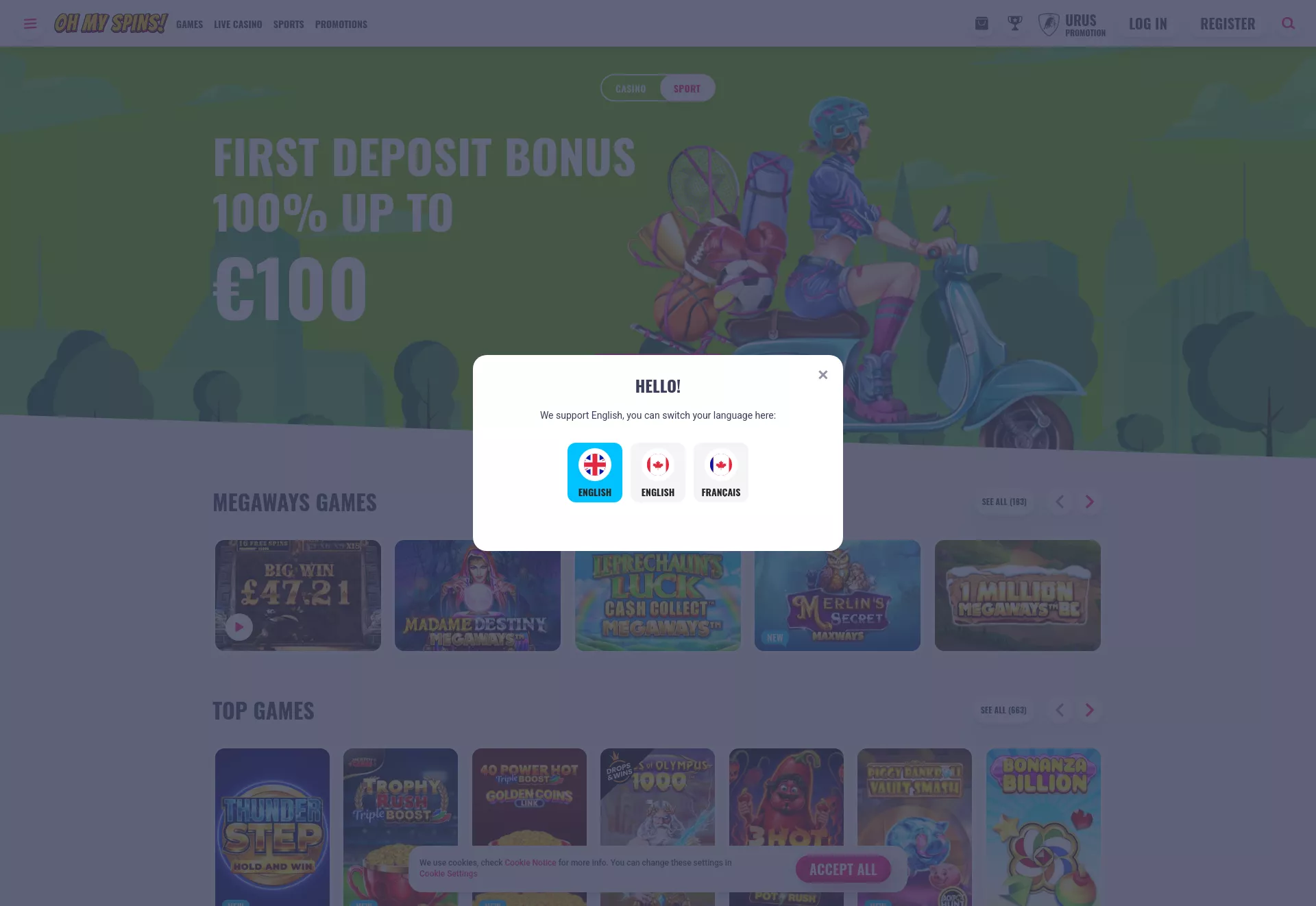 Desktop screen. OhMySpins 100% up to C$750 + 200 FS