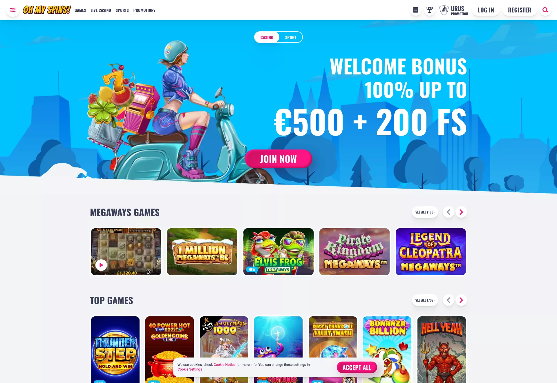 Desktop screen. OhMySpins 100% up to ₹40000 + 200 FS