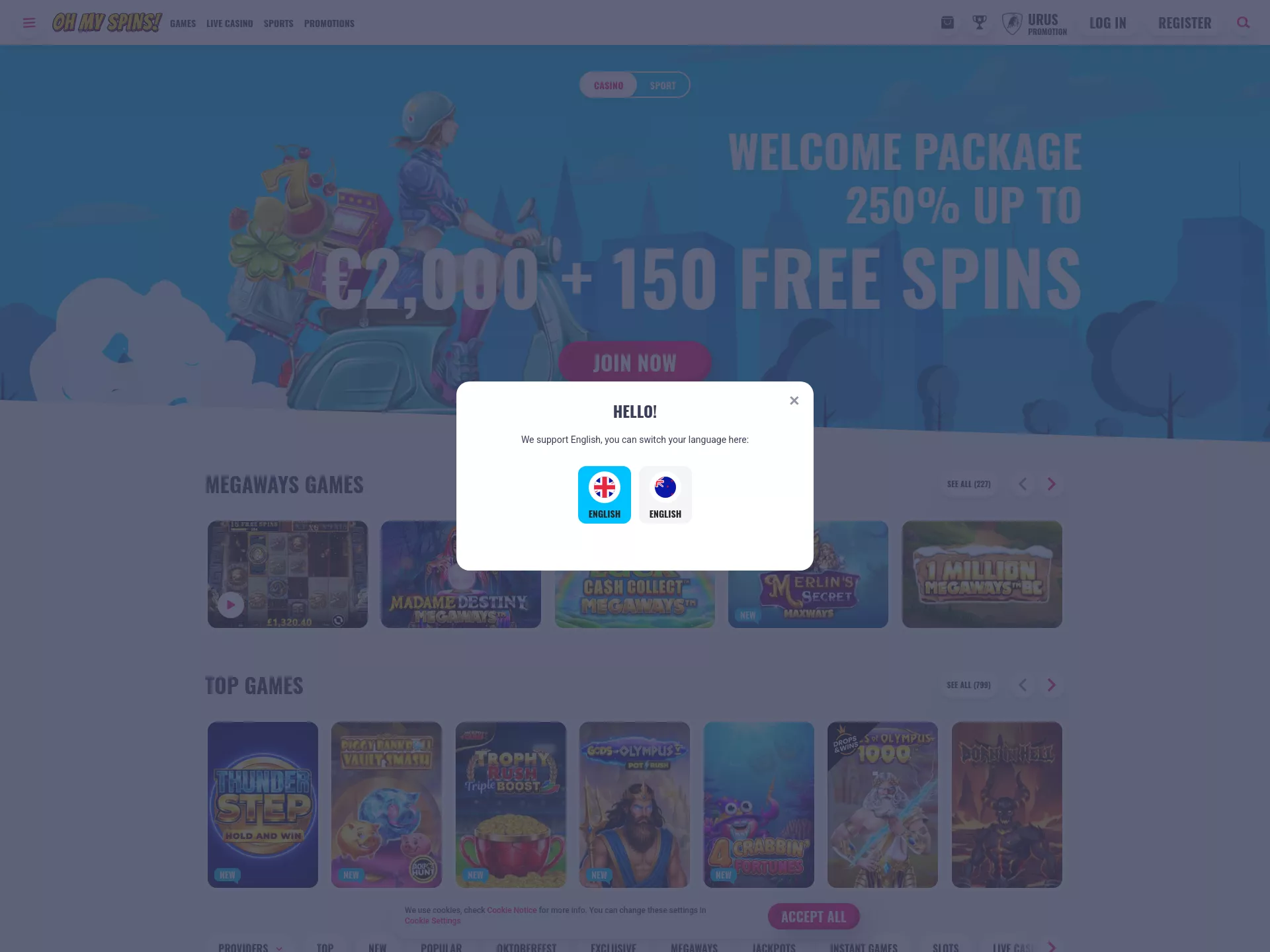 Desktop screen. OhMySpins 100% up to NZ$1000 + 200 FS