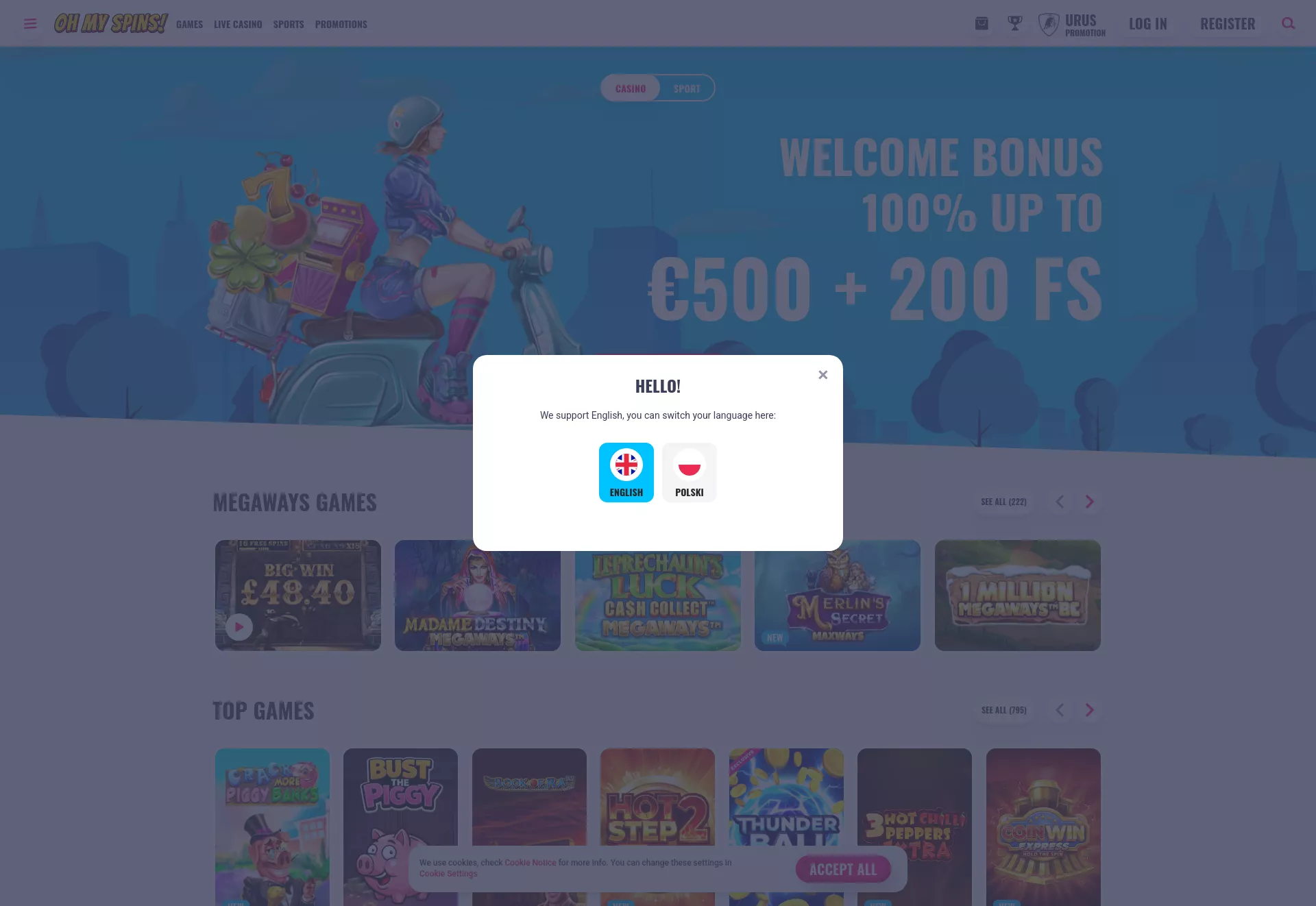 Desktop screen. OhMySpins 100% up to zł2250 + 200 FS