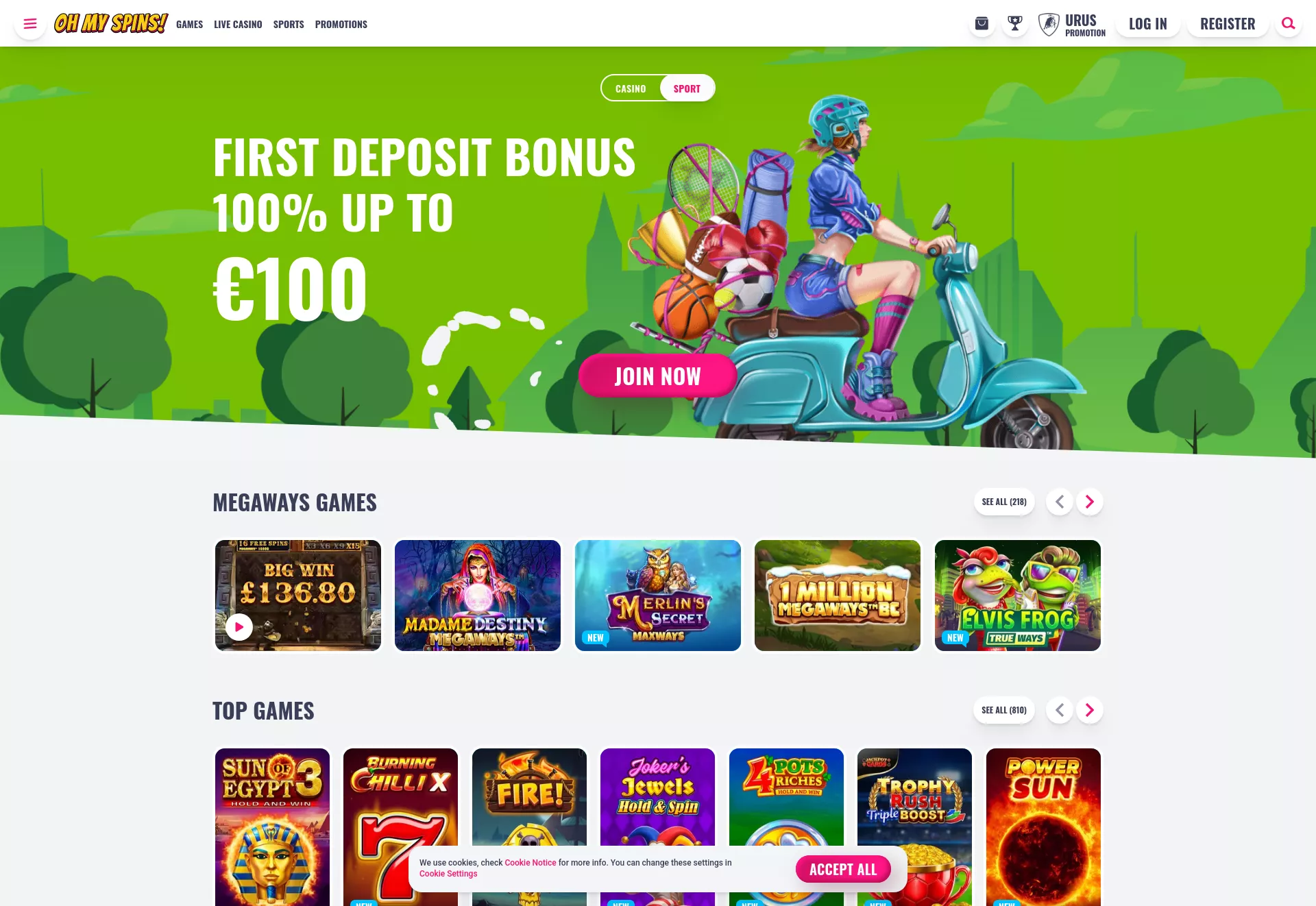 Desktop screen. OhMySpins 100% up to $500 + 200 FS