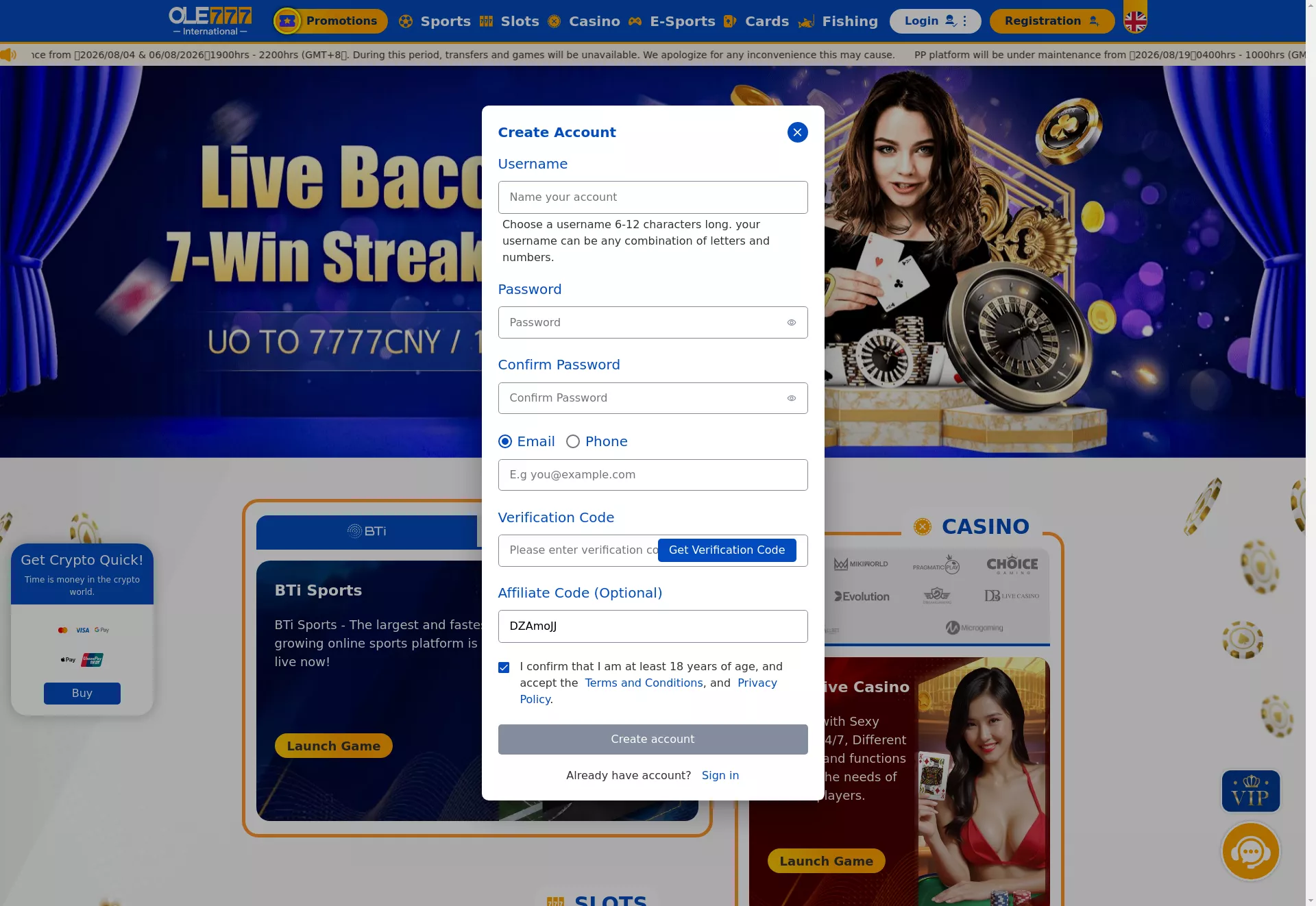 Desktop screen. Ole7.io Casino 100% up to ₮150