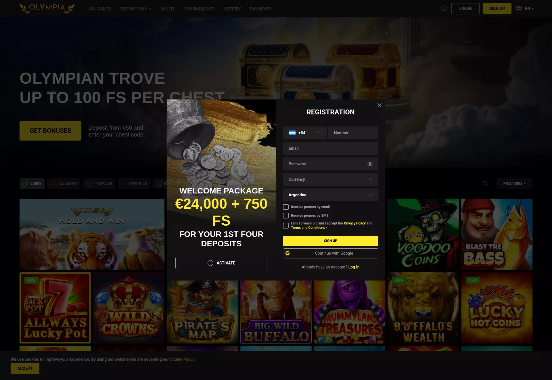 Desktop screen. Olympia Casino Up to $10000 + 200 FS