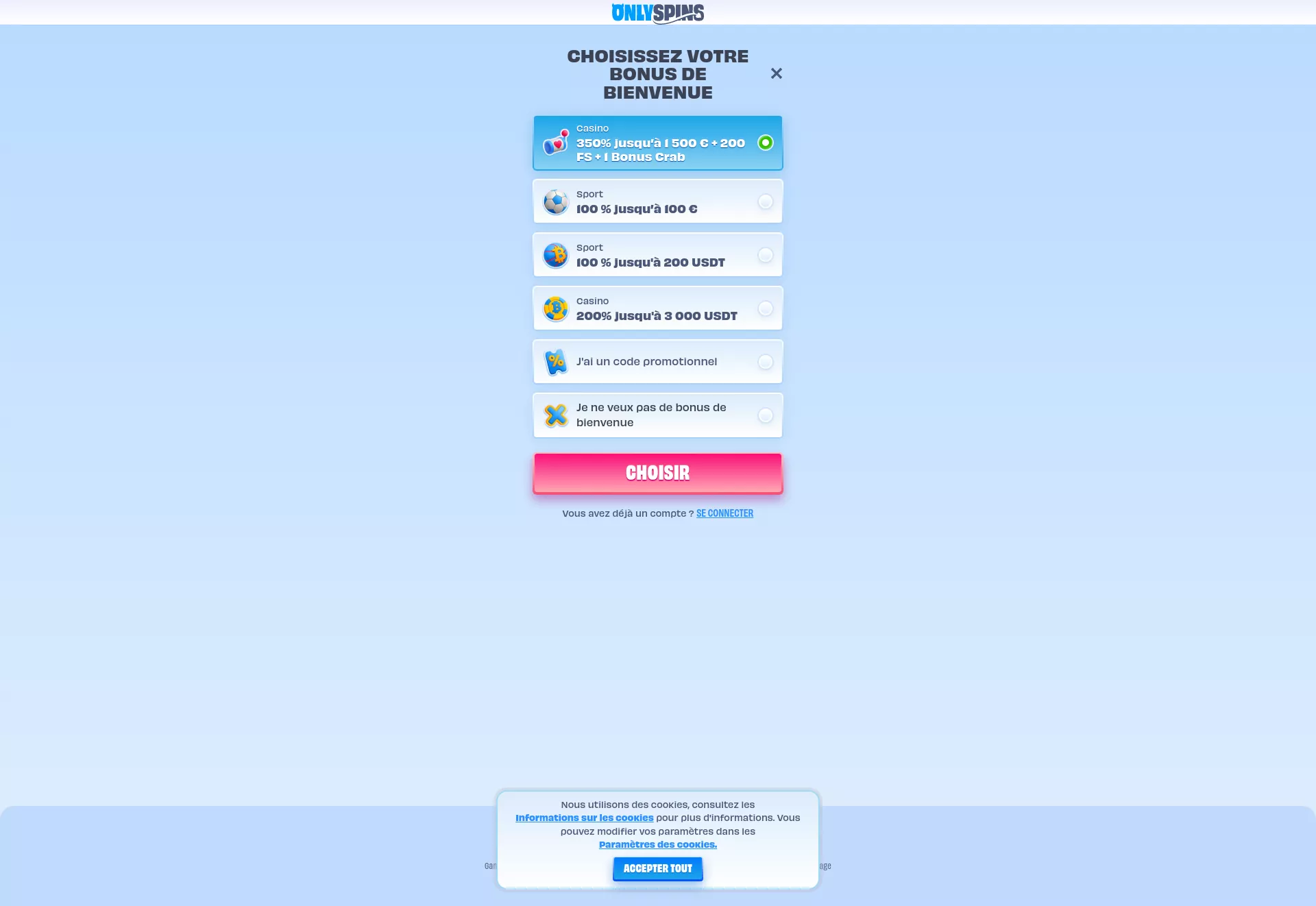 Desktop screen. OnlySpins 100% up to €500 + 200 FS + 1 Bonus Crab