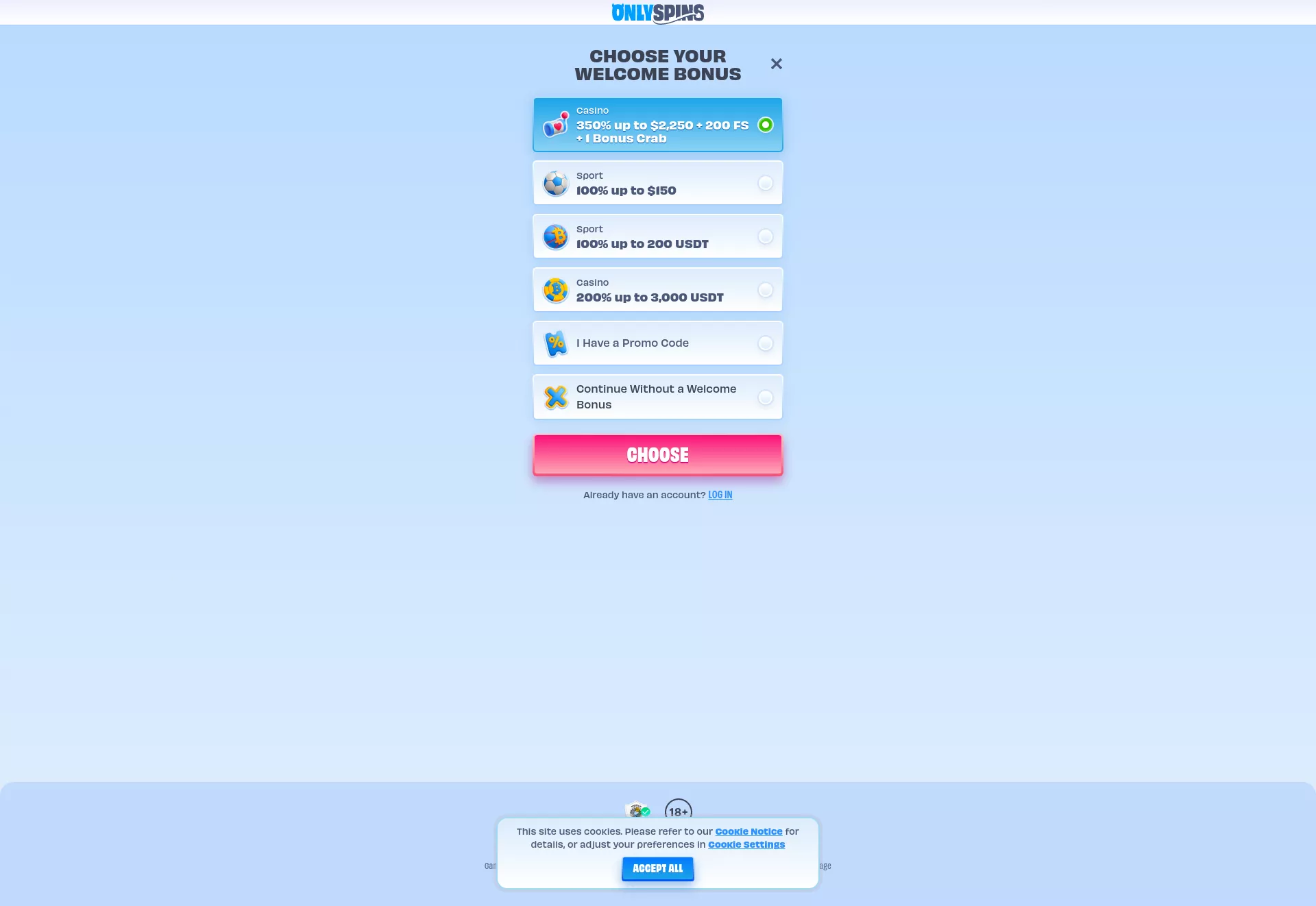 Desktop screen. OnlySpins 100% up to C$750 + 200 FS + 1 Bonus Crab