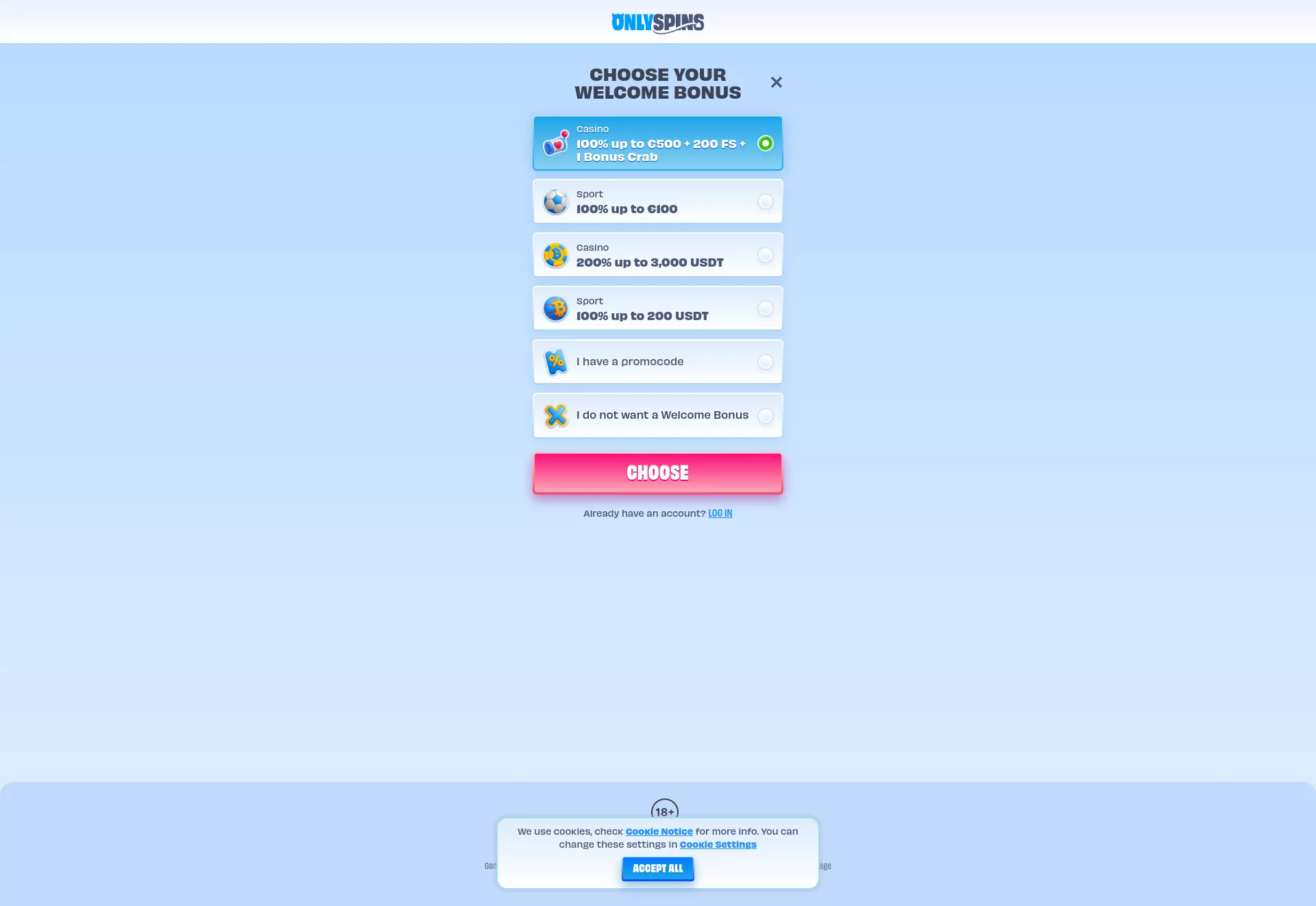 Desktop screen. OnlySpins 100% up to $500 + 200 FS + 1 Bonus Crab