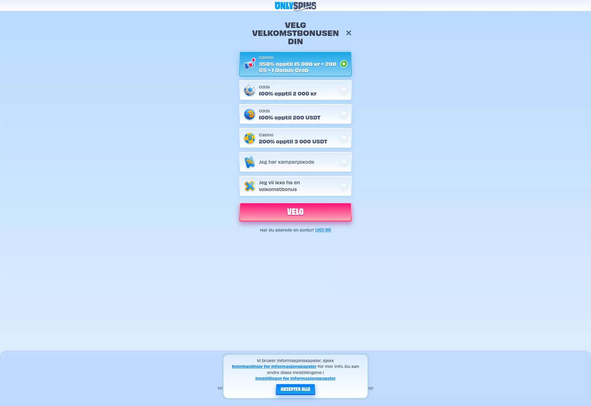 Desktop screen. OnlySpins 100% up to kr5000 + 200 FS + 1 Bonus Crab