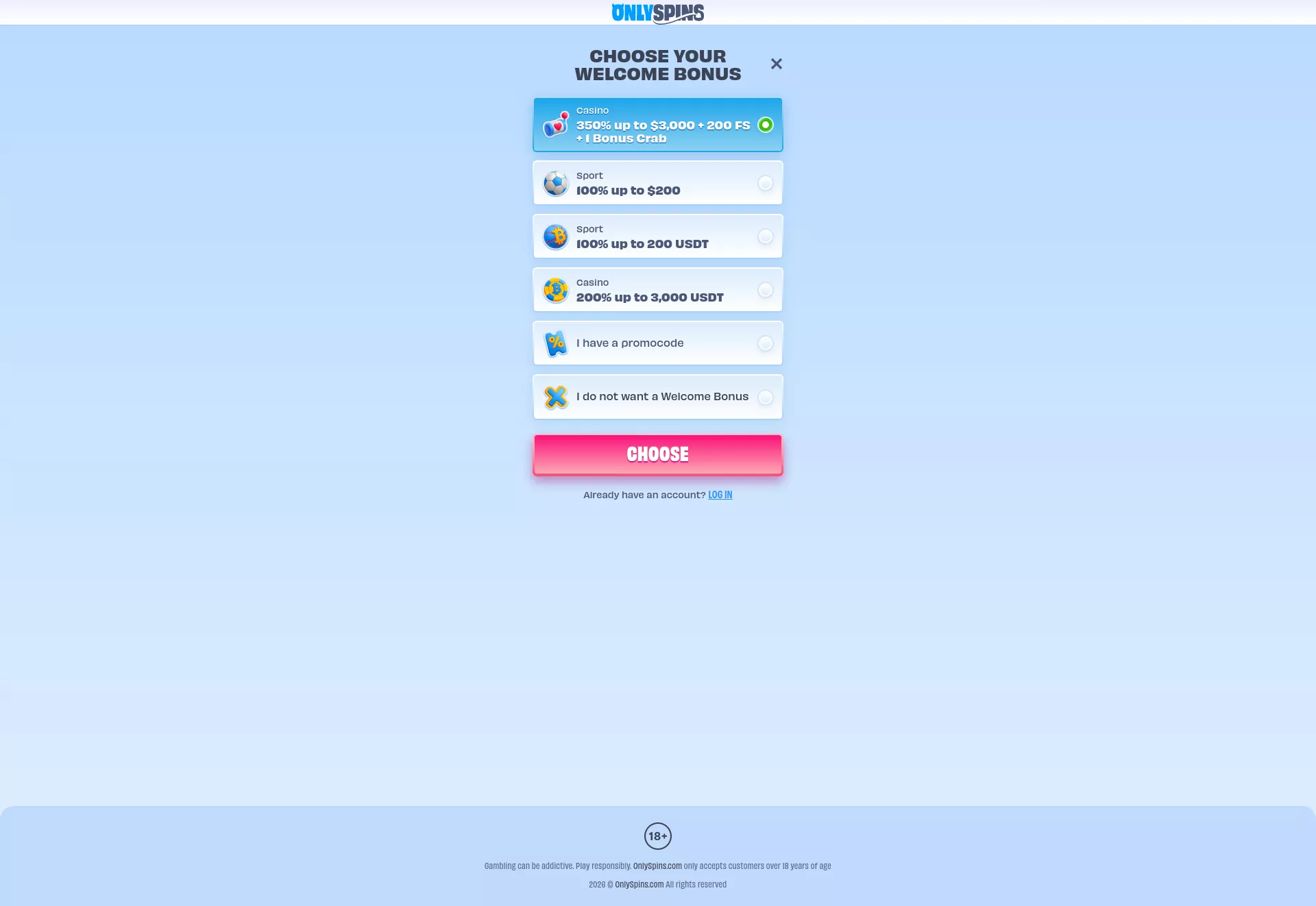 Desktop screen. OnlySpins 100% up to NZ$1000 + 200 FS + 1 Bonus Crab
