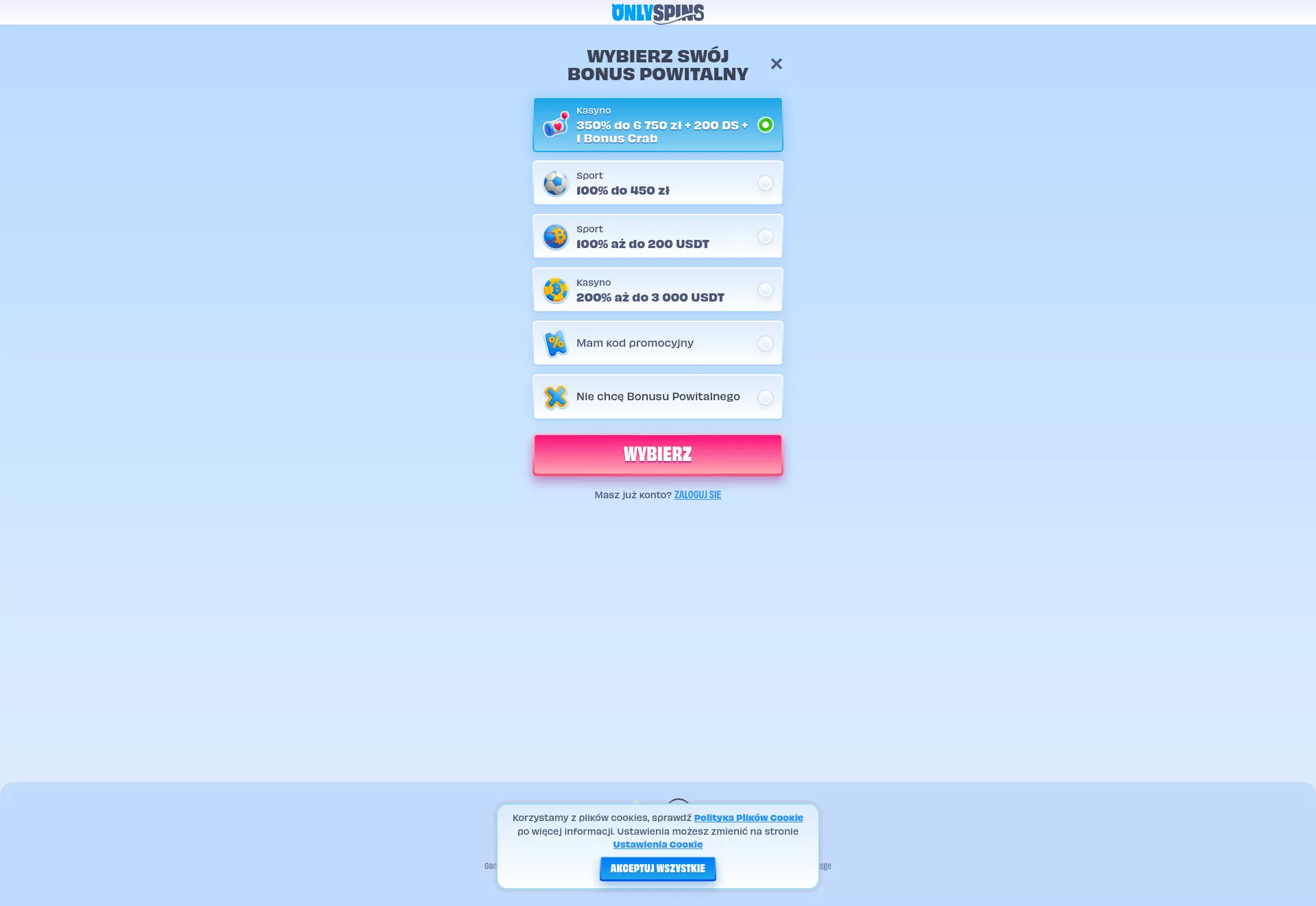 Desktop screen. OnlySpins 100% up to zł2250 + 200 FS + 1 Bonus Crab