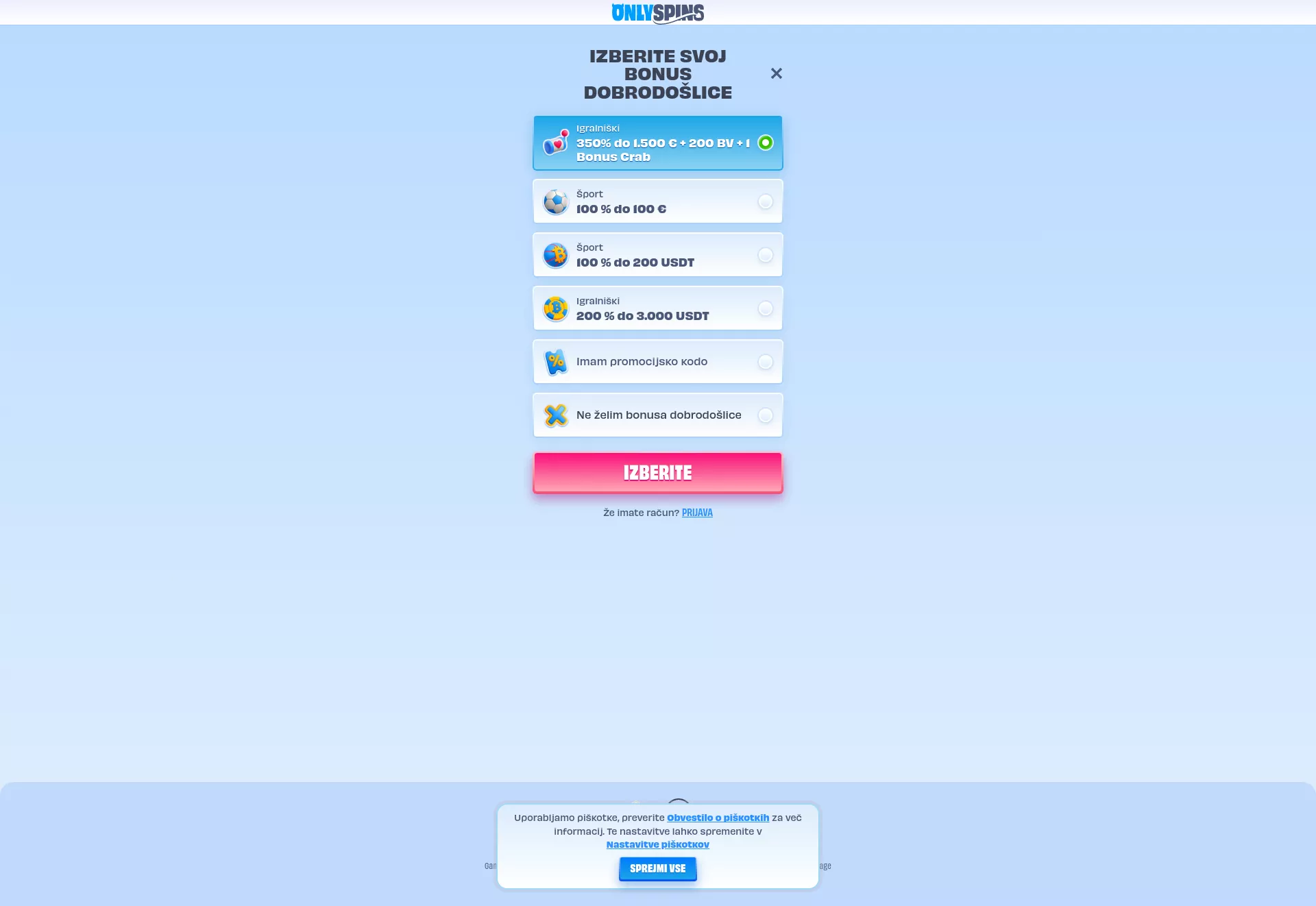 Desktop screen. OnlySpins 100% up to €500 + 200 FS + 1 Bonus Crab