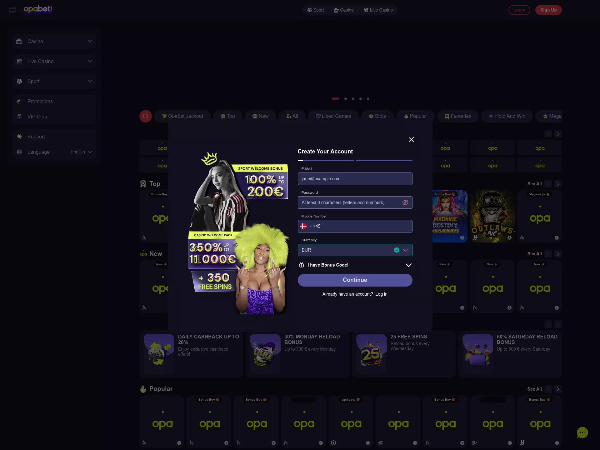 Desktop screen. Opabet Up to €11000 + 350 FS