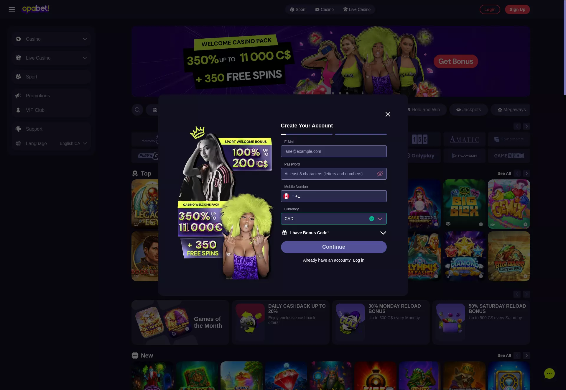 Desktop screen. Opabet Up to $11000 + 500 FS
