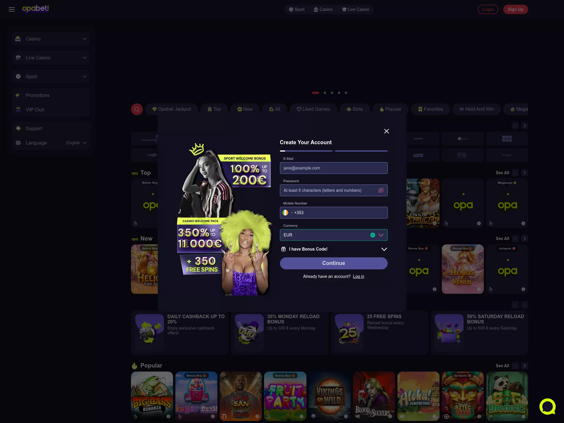 Desktop screen. Opabet Up to €11000 + 350 FS