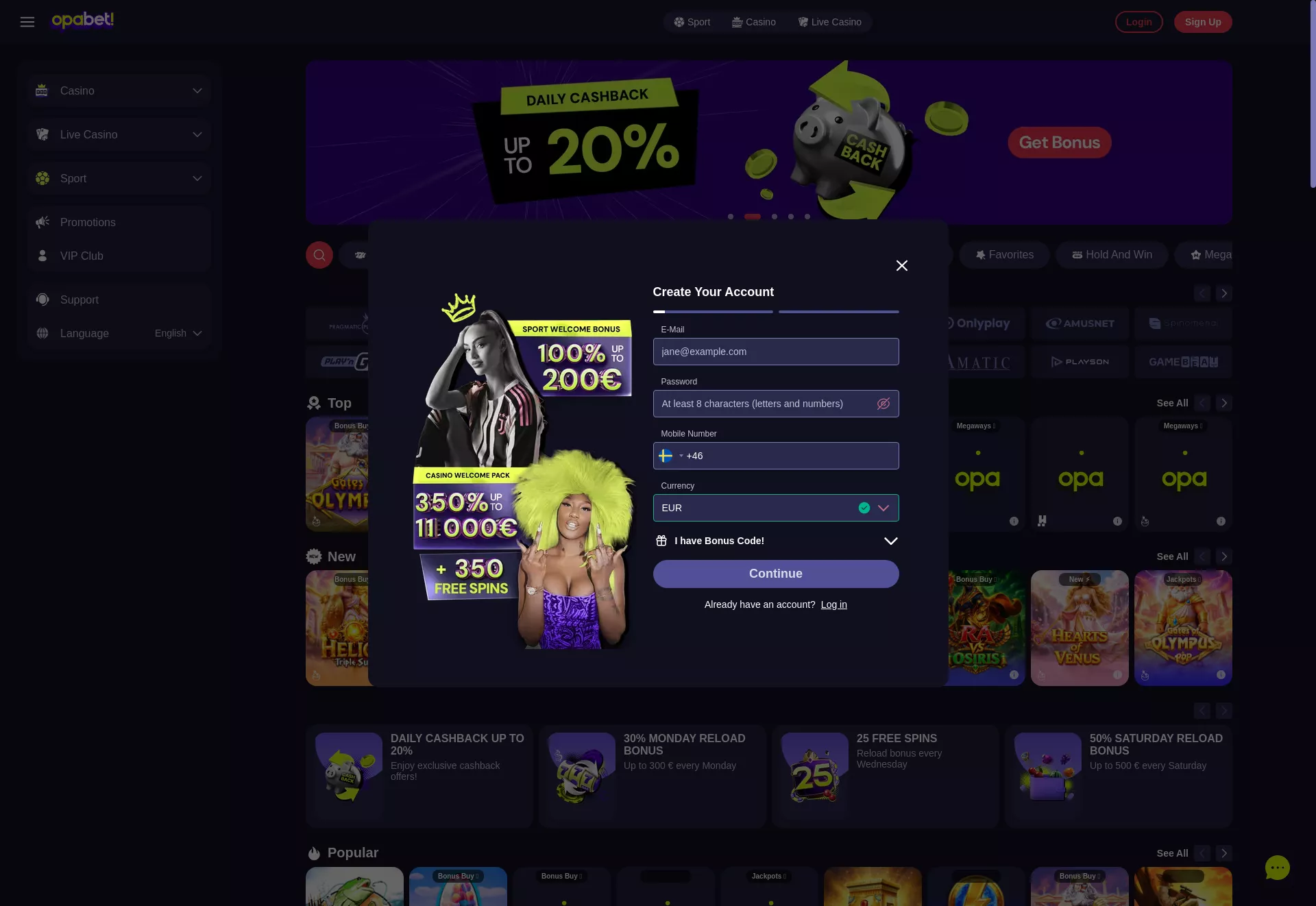 Desktop screen. Opabet Up to €11000 + 350 FS