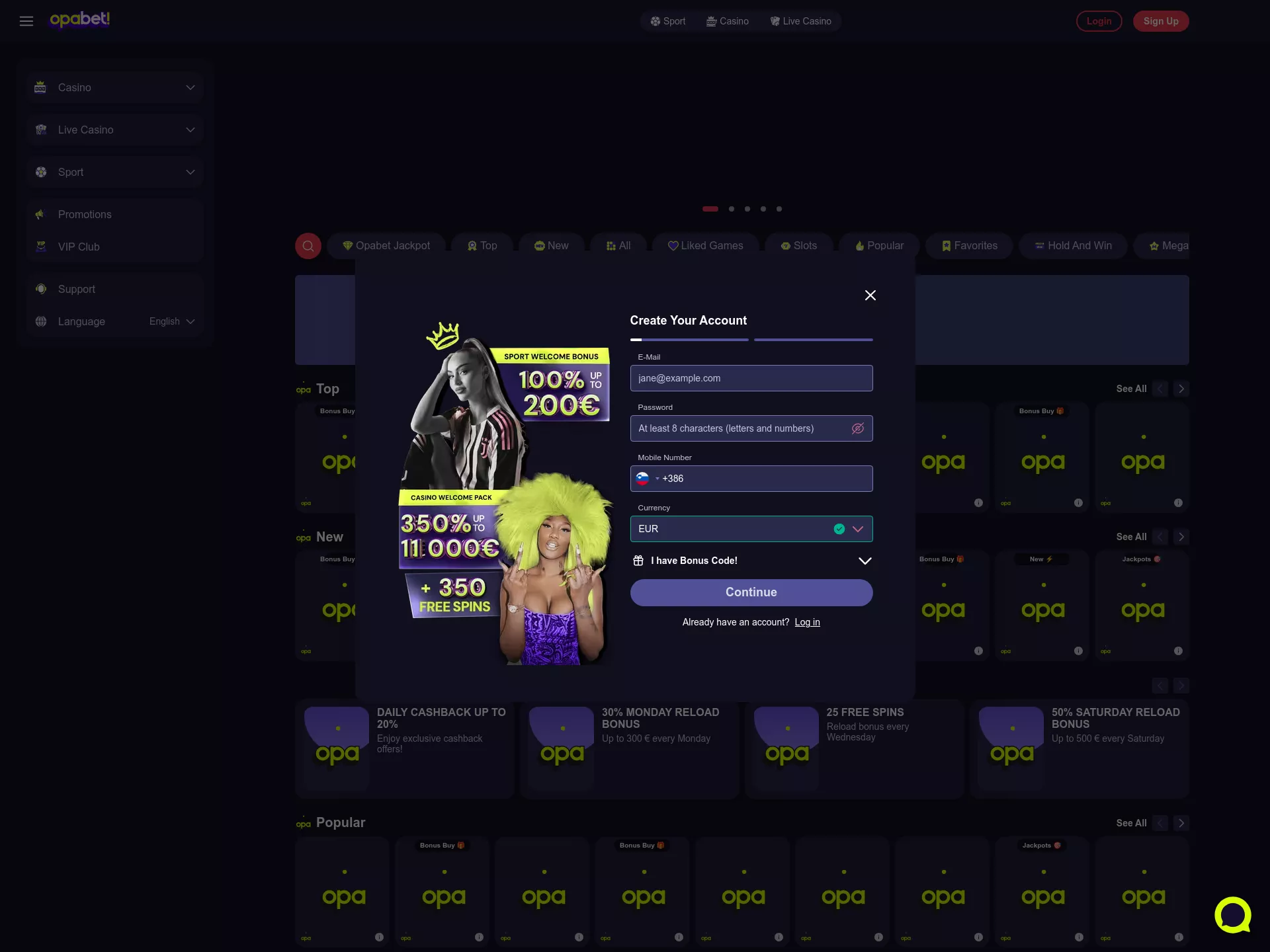 Desktop screen. Opabet Up to €11000 + 350 FS
