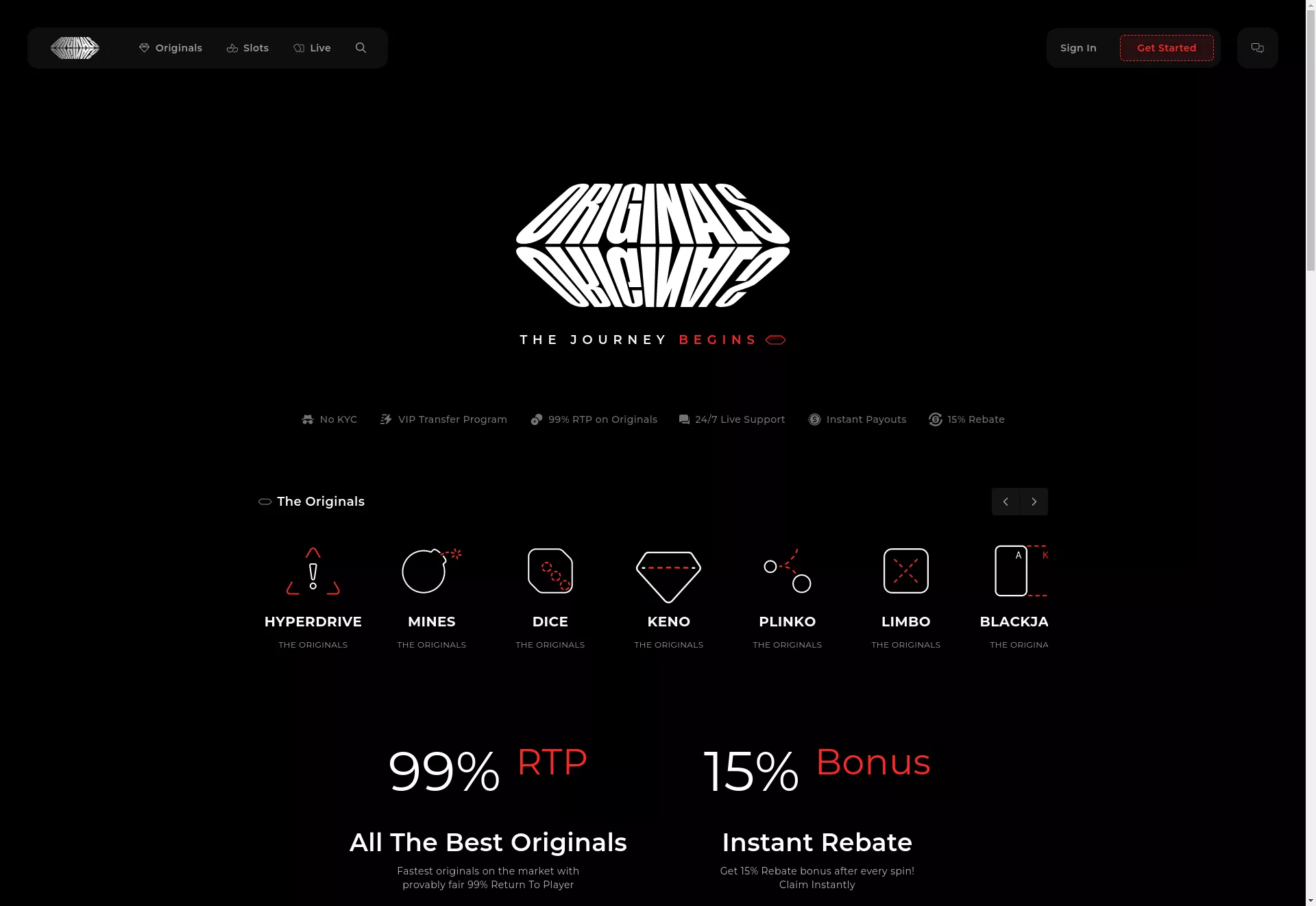 Desktop screen. The Originals Casino Get 15% Automatic Instant Cashback