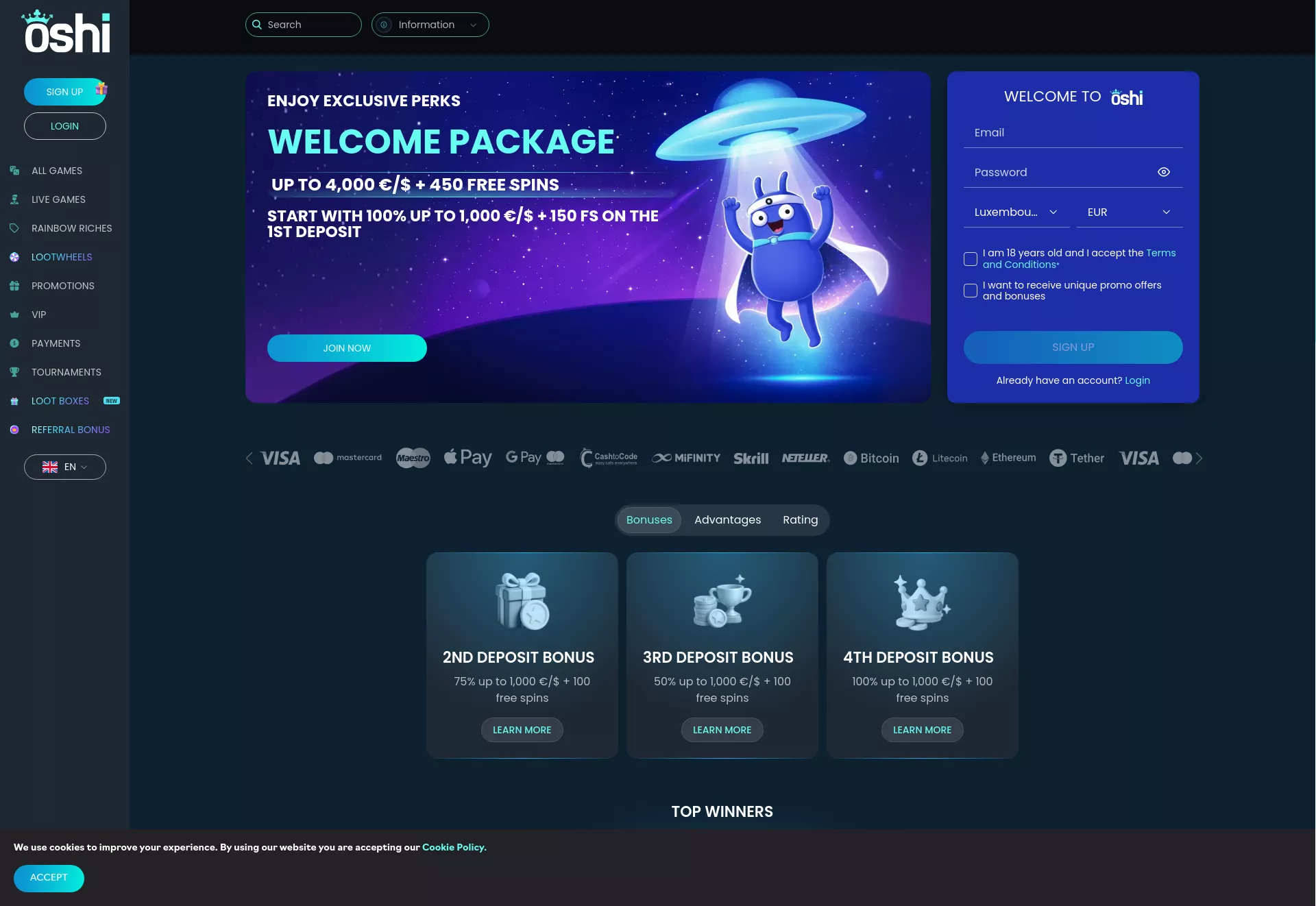 Desktop screen. Oshi Casino Bis zu €4000 + 200 FS