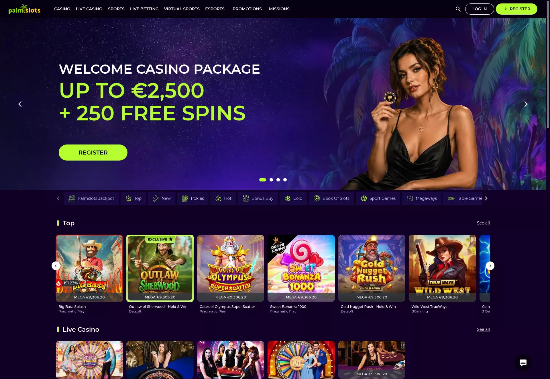Desktop screen. PalmSlots Casino Up to $2500 + 250 FS