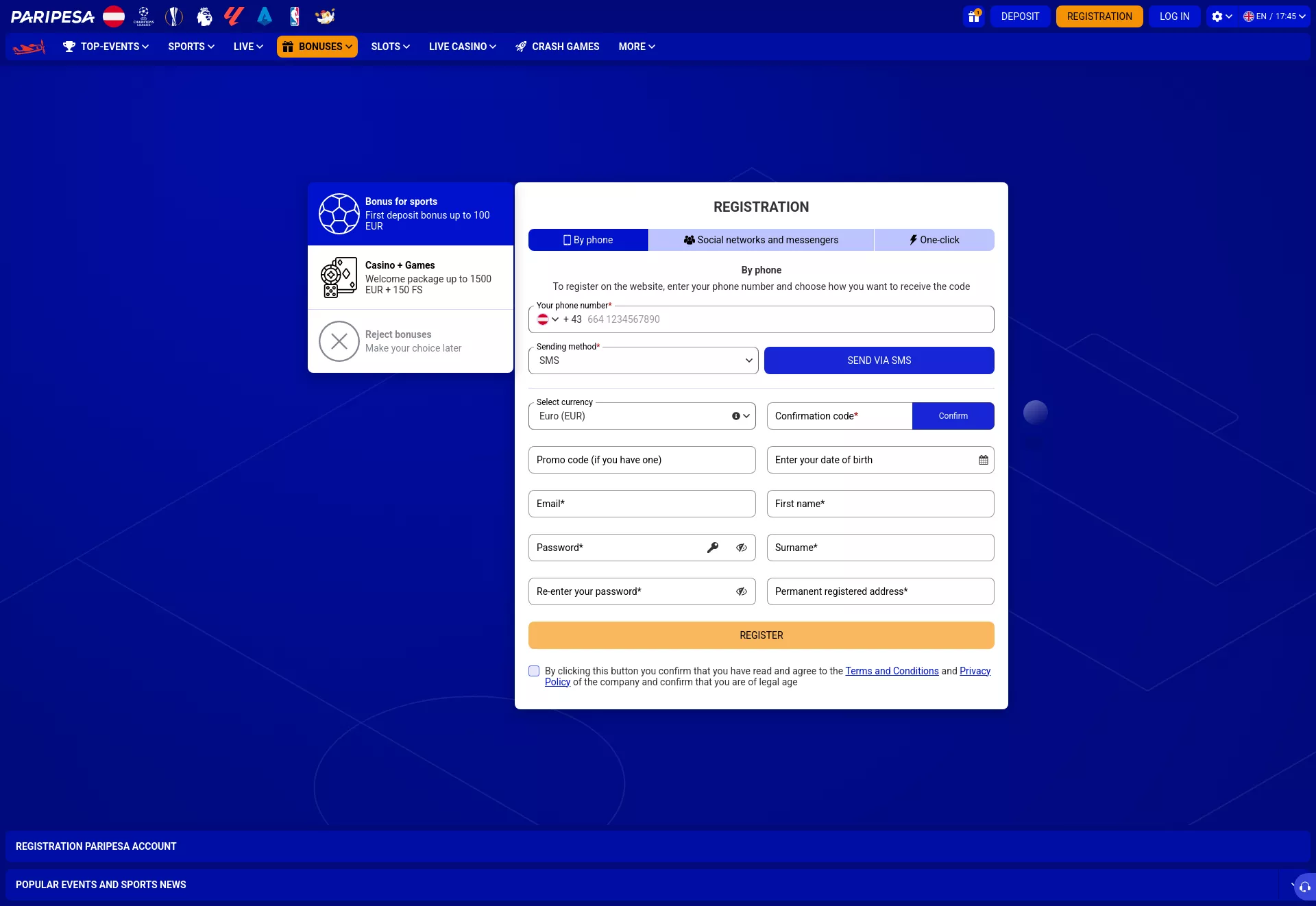 Desktop screen. Paripesa Bis zu €1500 + 150 FS