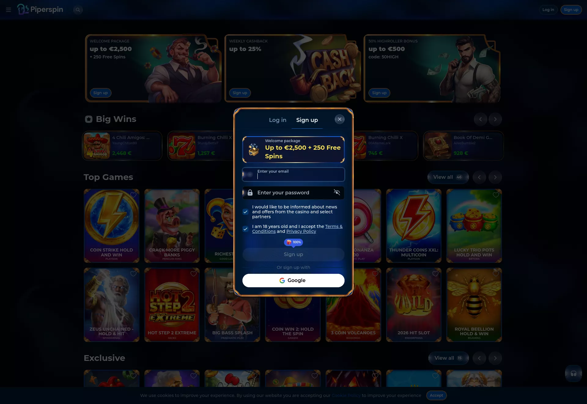 Desktop screen. Piperspin Get 50 FS