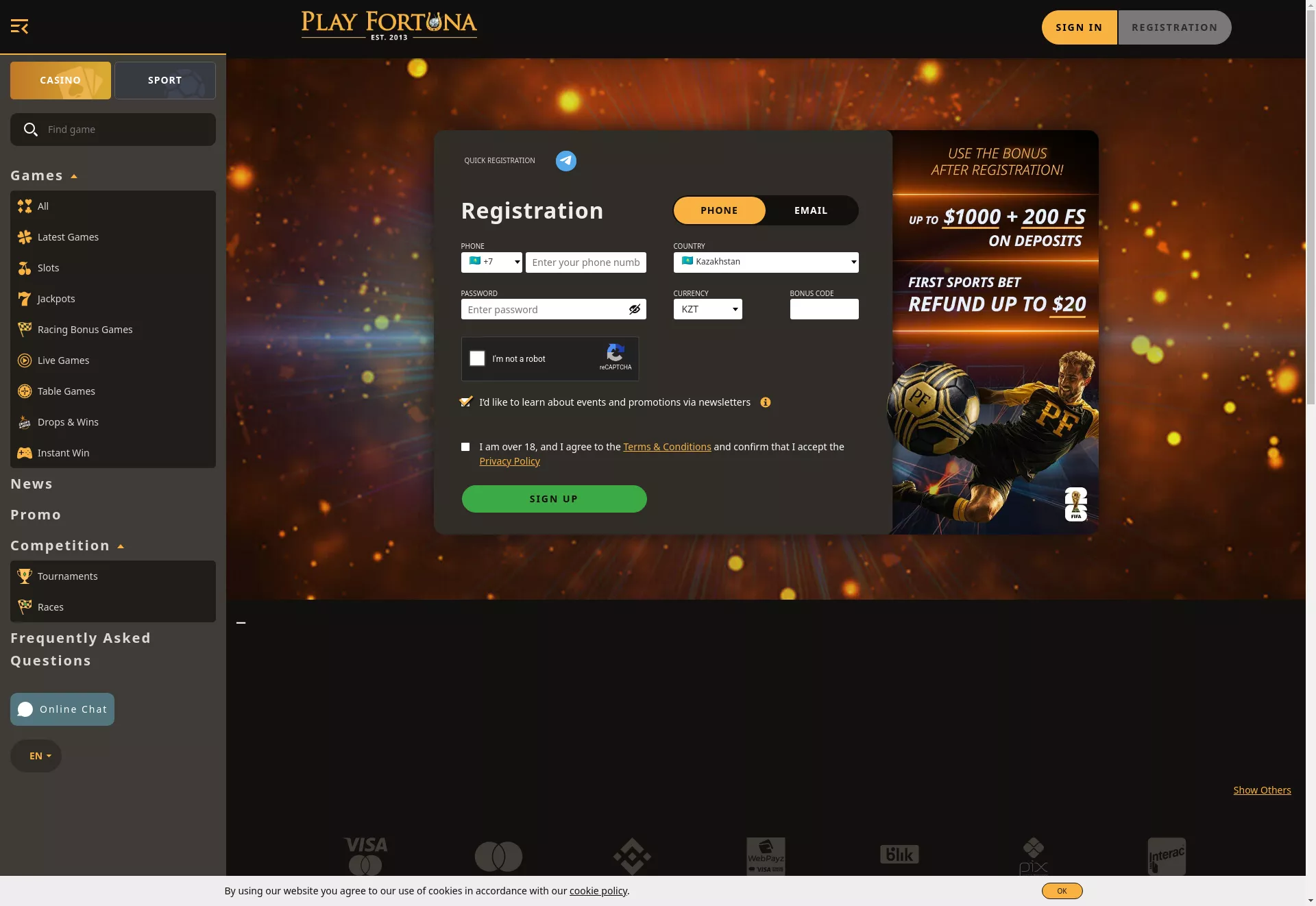 Desktop screen. Play Fortuna До $1000 + 200 FS