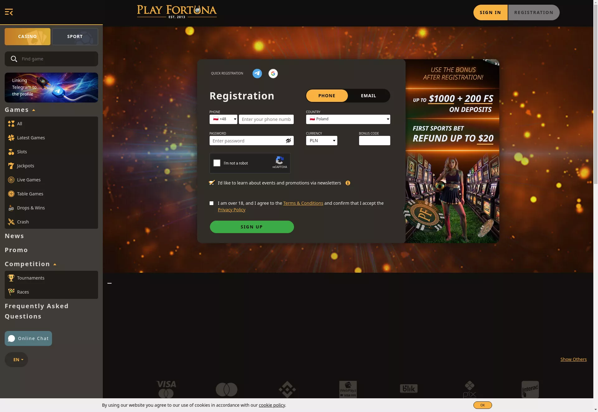 Desktop screen. Play Fortuna Up to $1000 + up to 200 FS