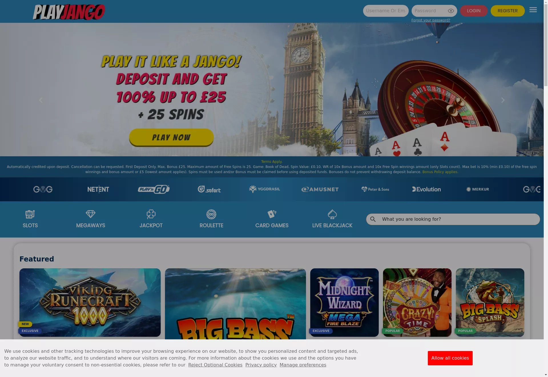 Desktop screen. Play Jango 100% up to £25 + 25 FS