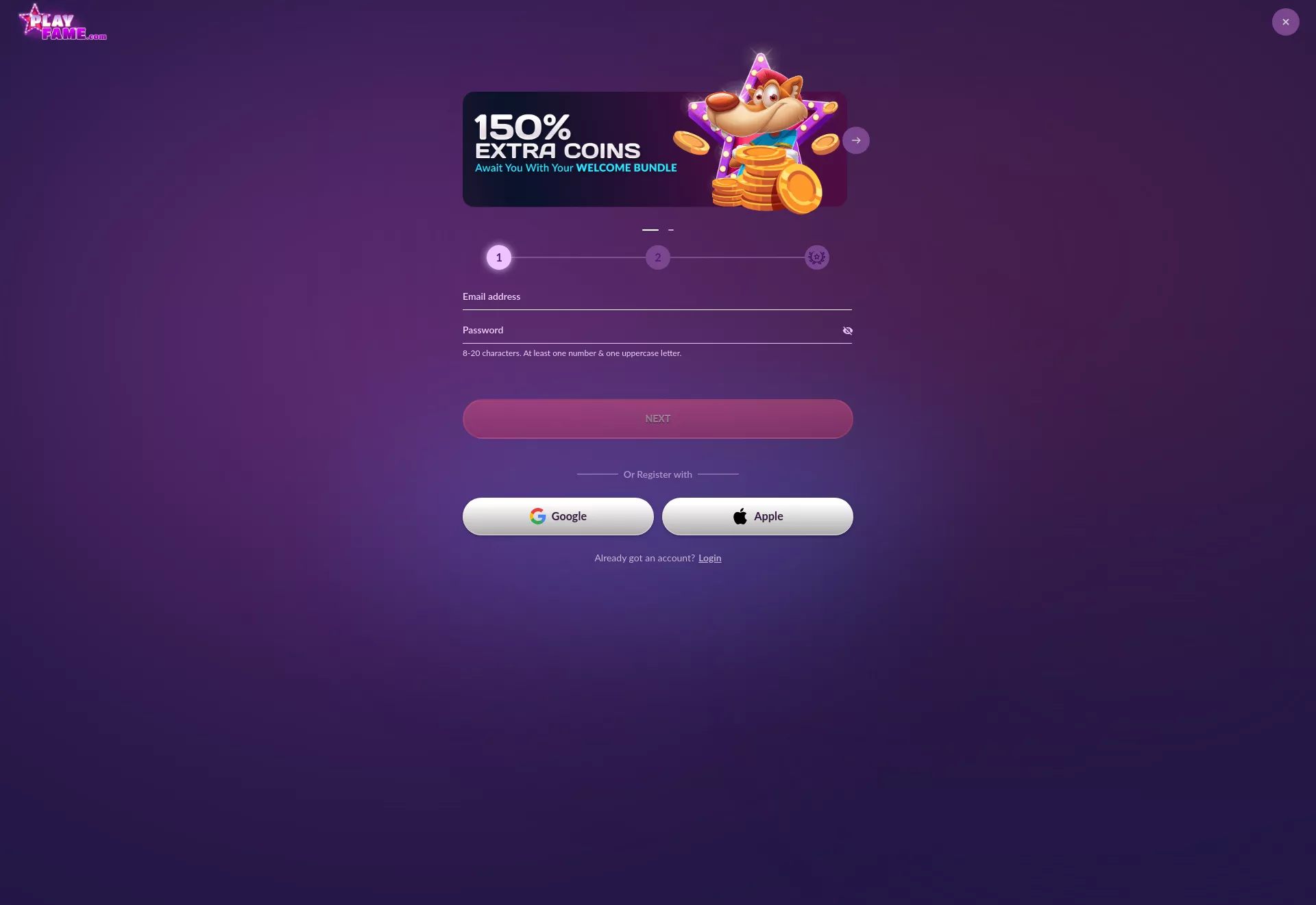 Desktop screen. PlayFame Get GC 60k + Free SC 25