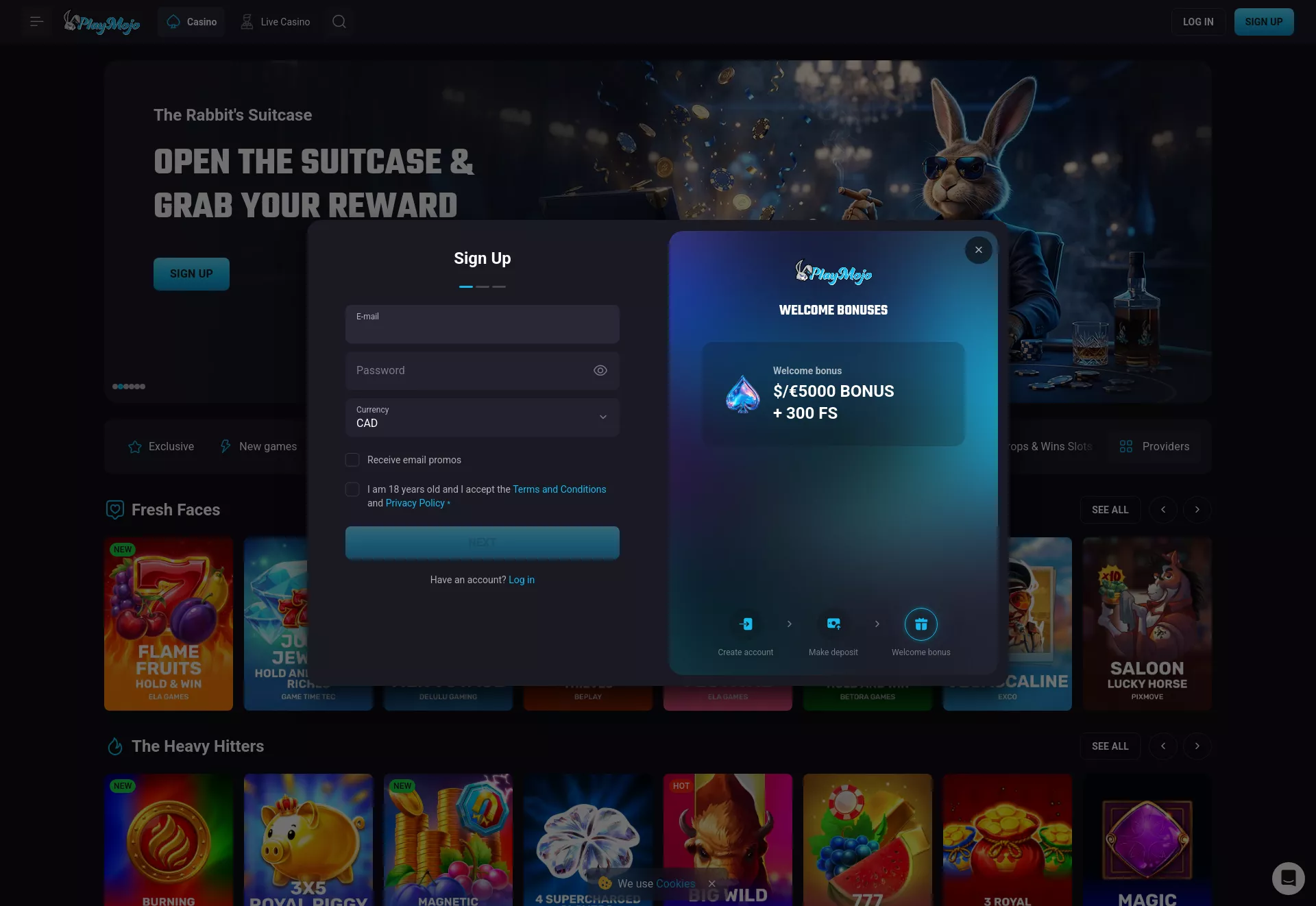 Desktop screen. PlayMojo Up to C$5000 + 300 FS