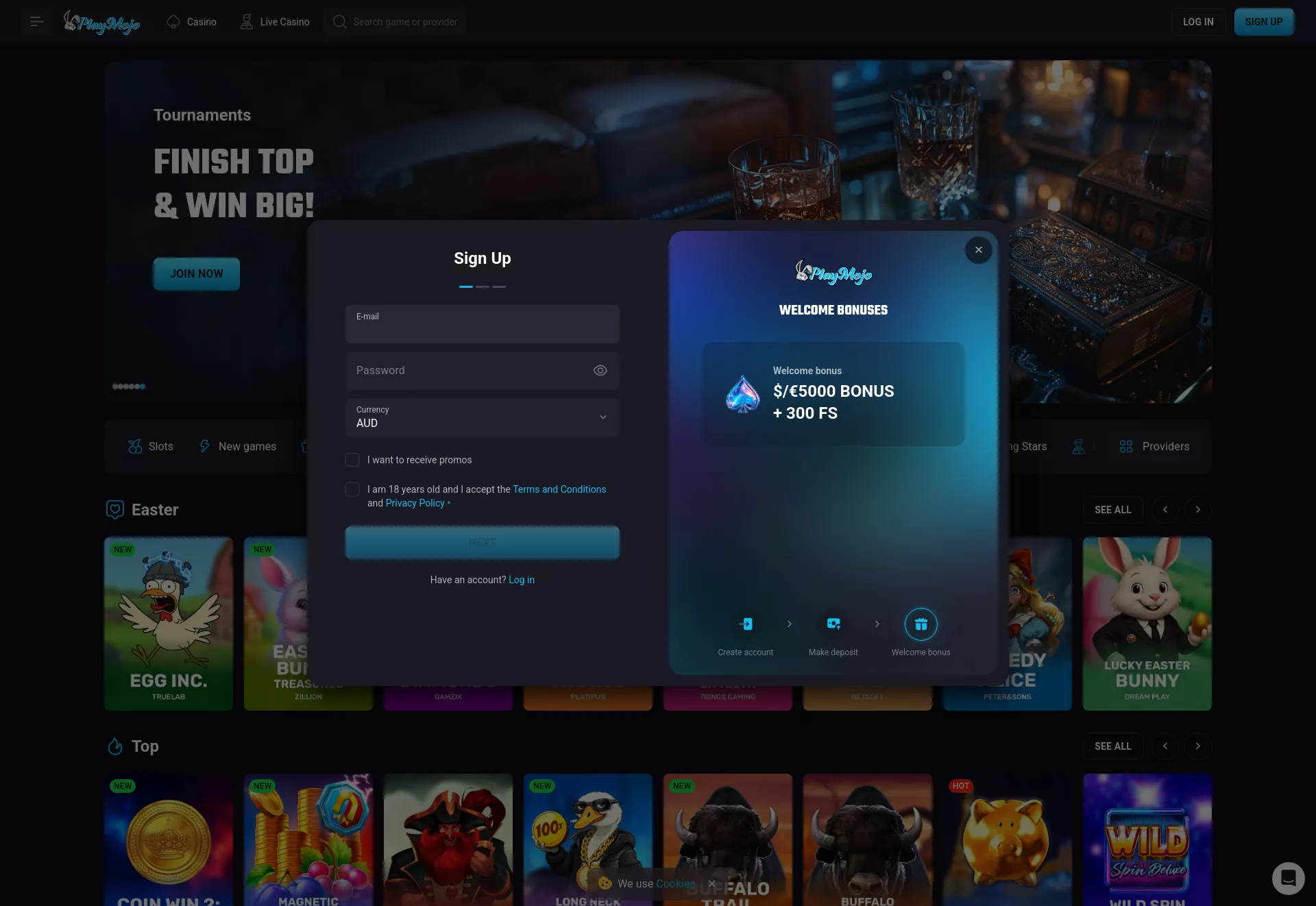 Desktop screen. PlayMojo Up to $5000 + 300 FS