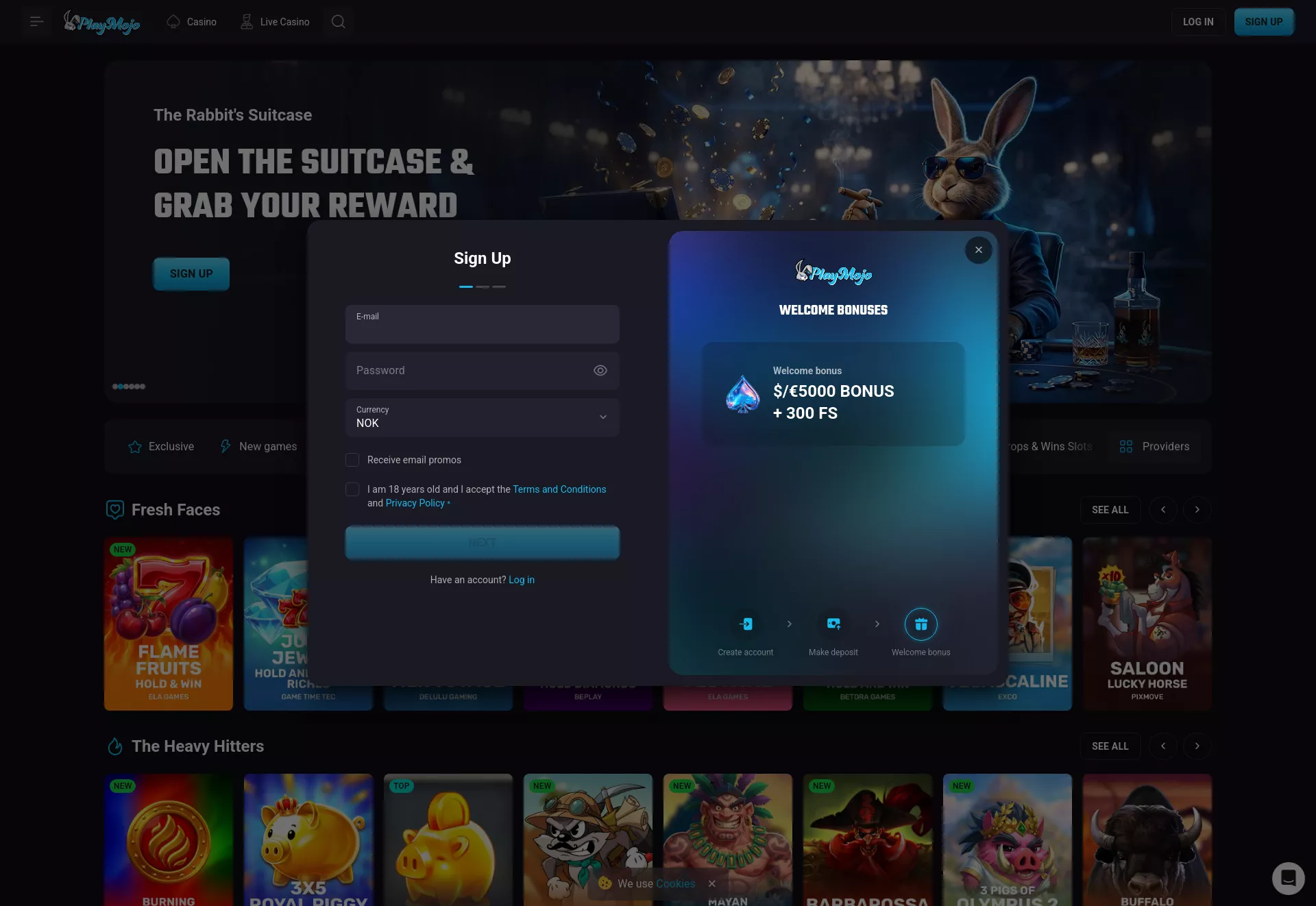 Desktop screen. PlayMojo Up to kr50000 + 300 FS