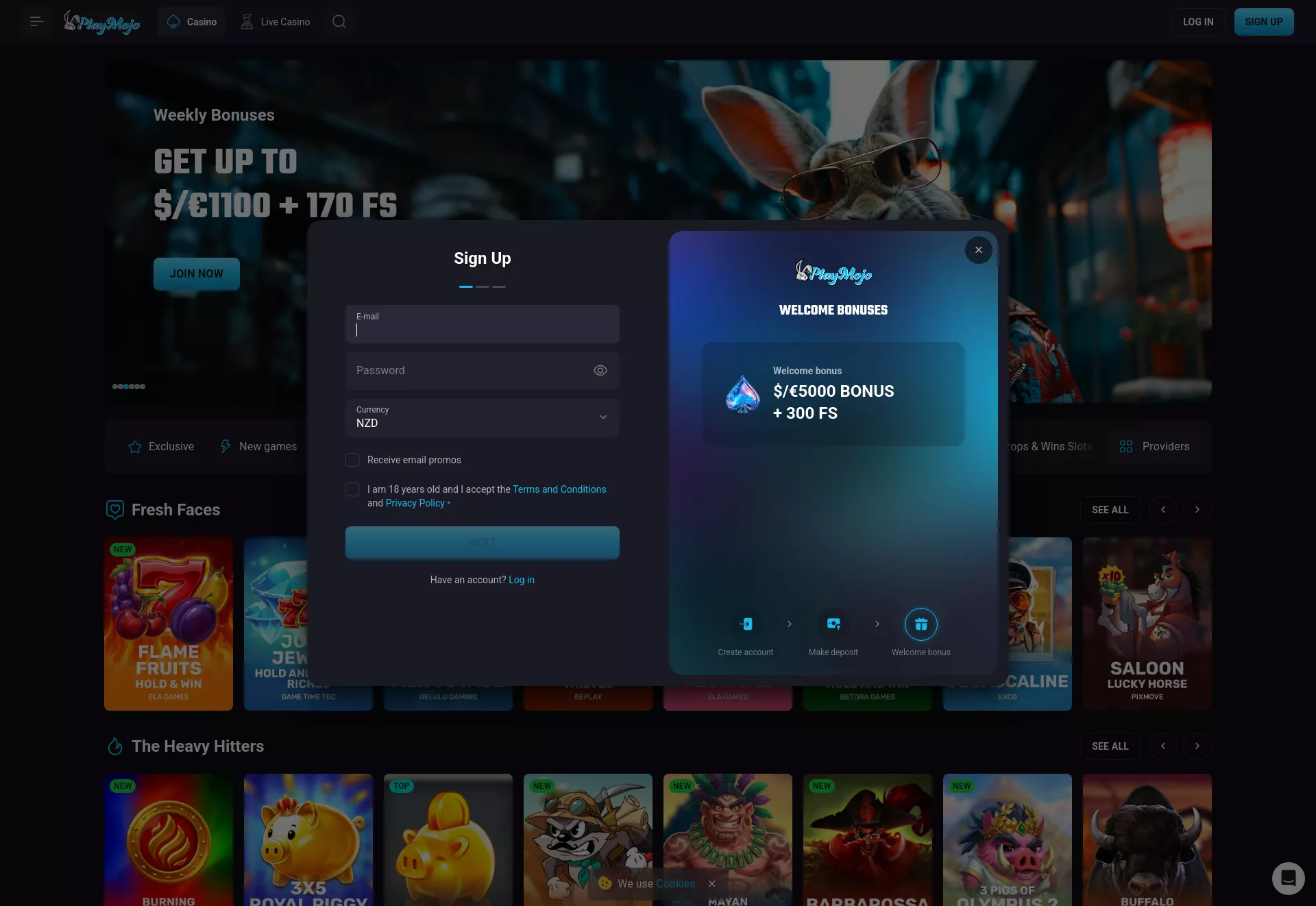 Desktop screen. PlayMojo Up to NZ$5000 + 300 FS