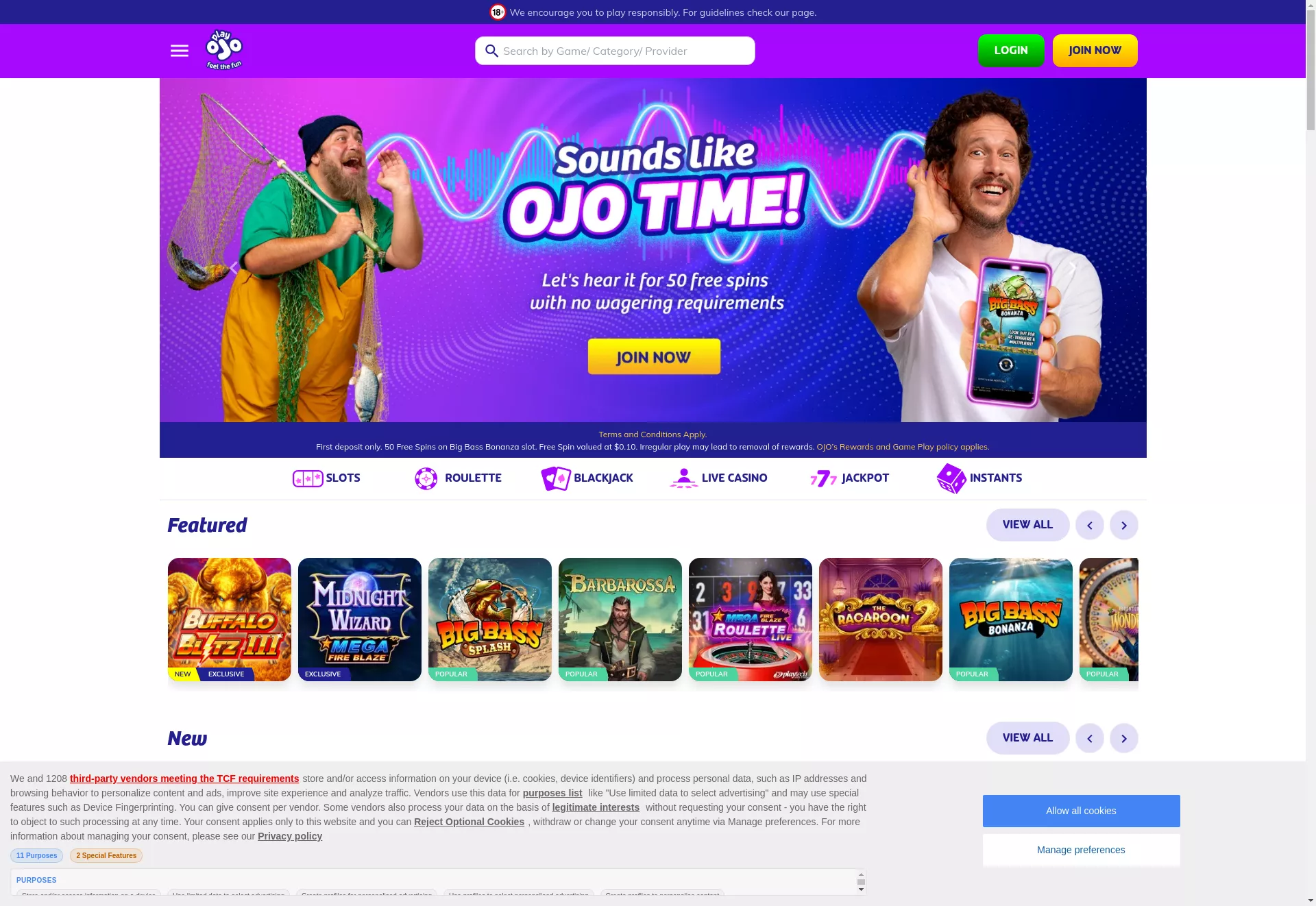 Desktop screen. PlayOJO Get 50 FS