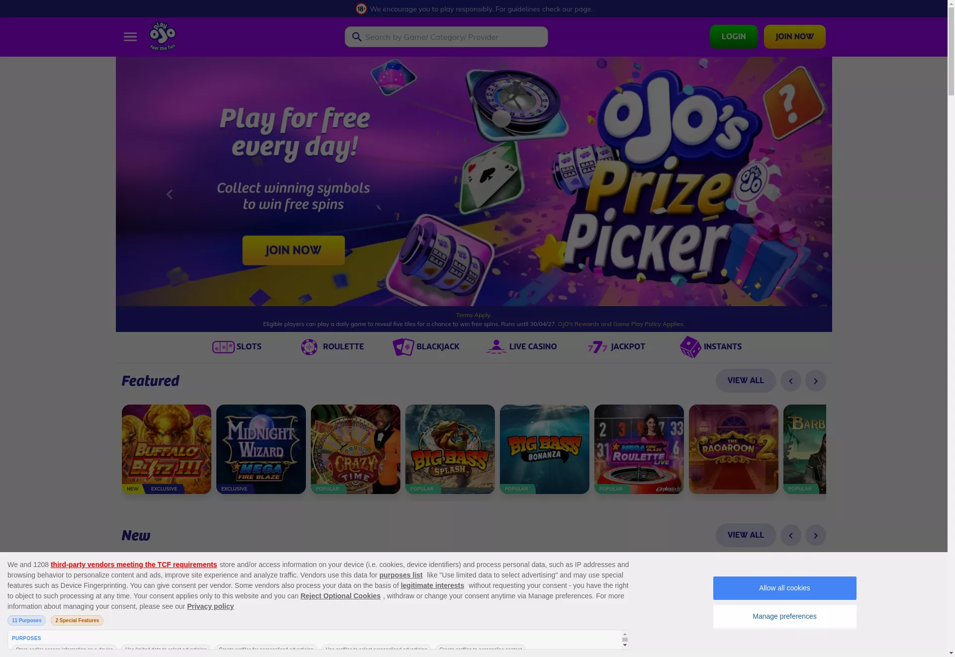 Desktop screen. PlayOJO Get 50 Free Spins